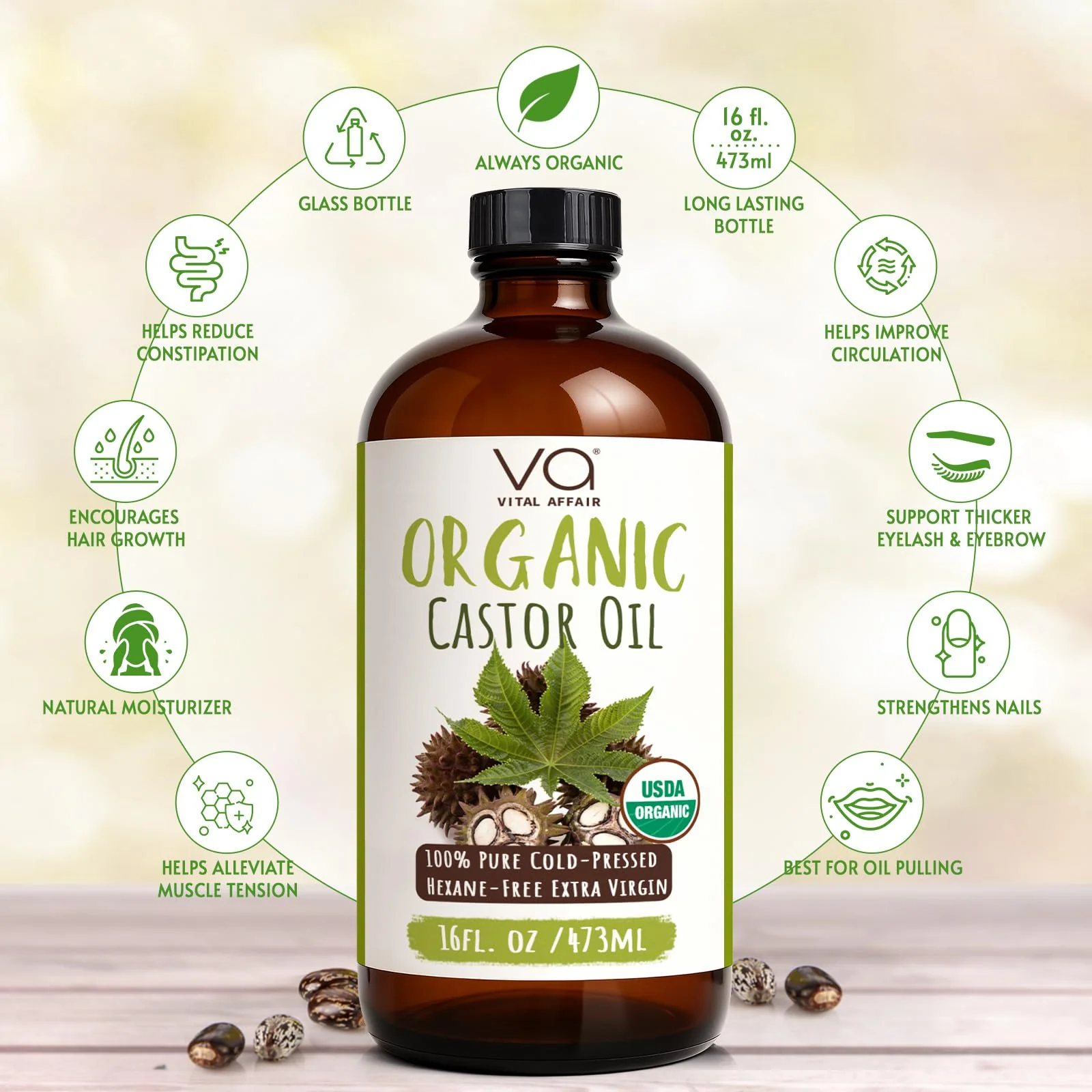 VITAL AFFAIR Castor Oil Cold Pressed Pure Glass Bottle Castor Oil with Flannel 100% Cotton Organic Castor Oil Packaging - Image 3