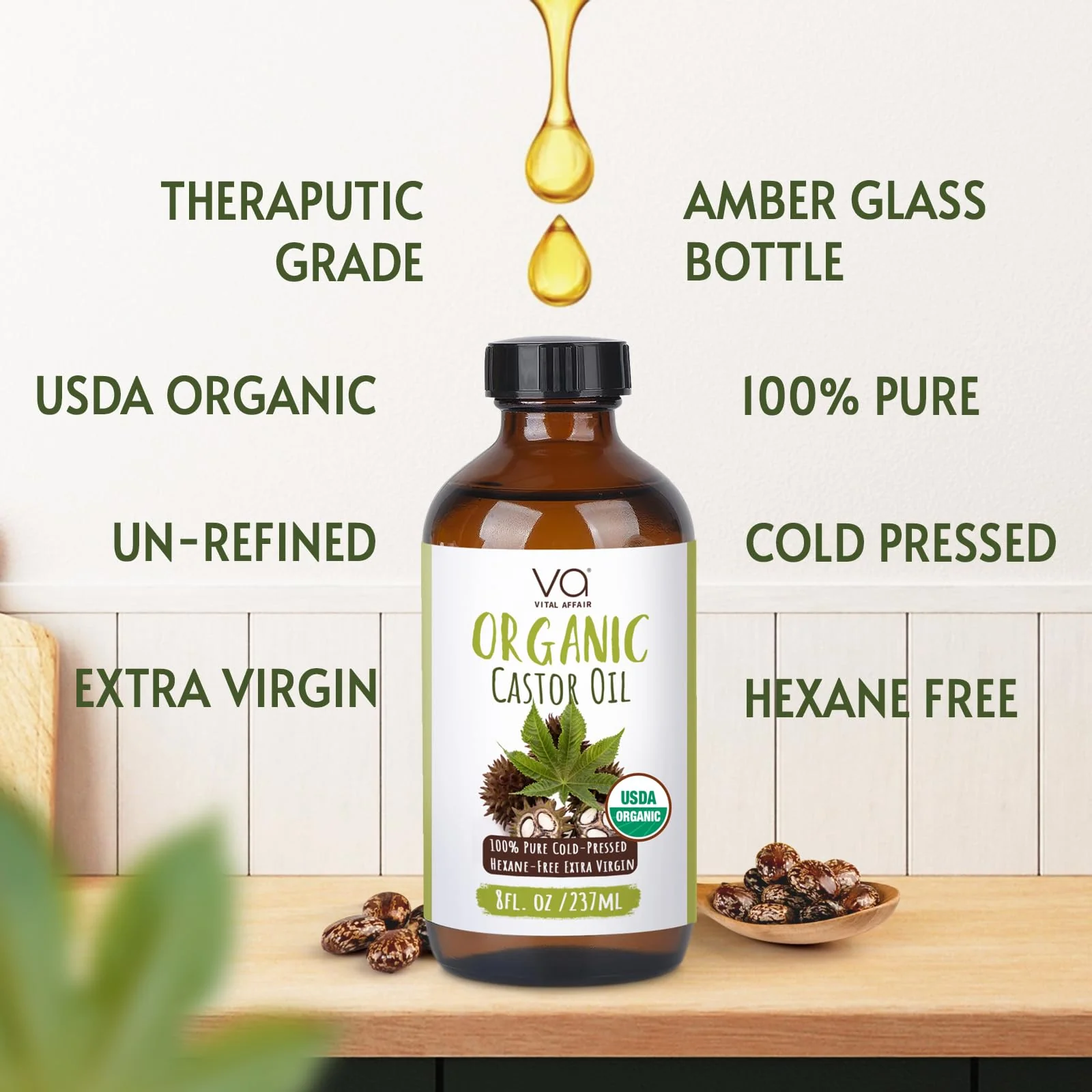 VITAL AFFAIR Castor Oil Organic Cold Pressed Unrefined Glass Bottle - USDA Certified Castor Oil For Hair Growth, Skin, Eyelashes, Eyebrows & Nails - 8 Fl Oz - Image 3