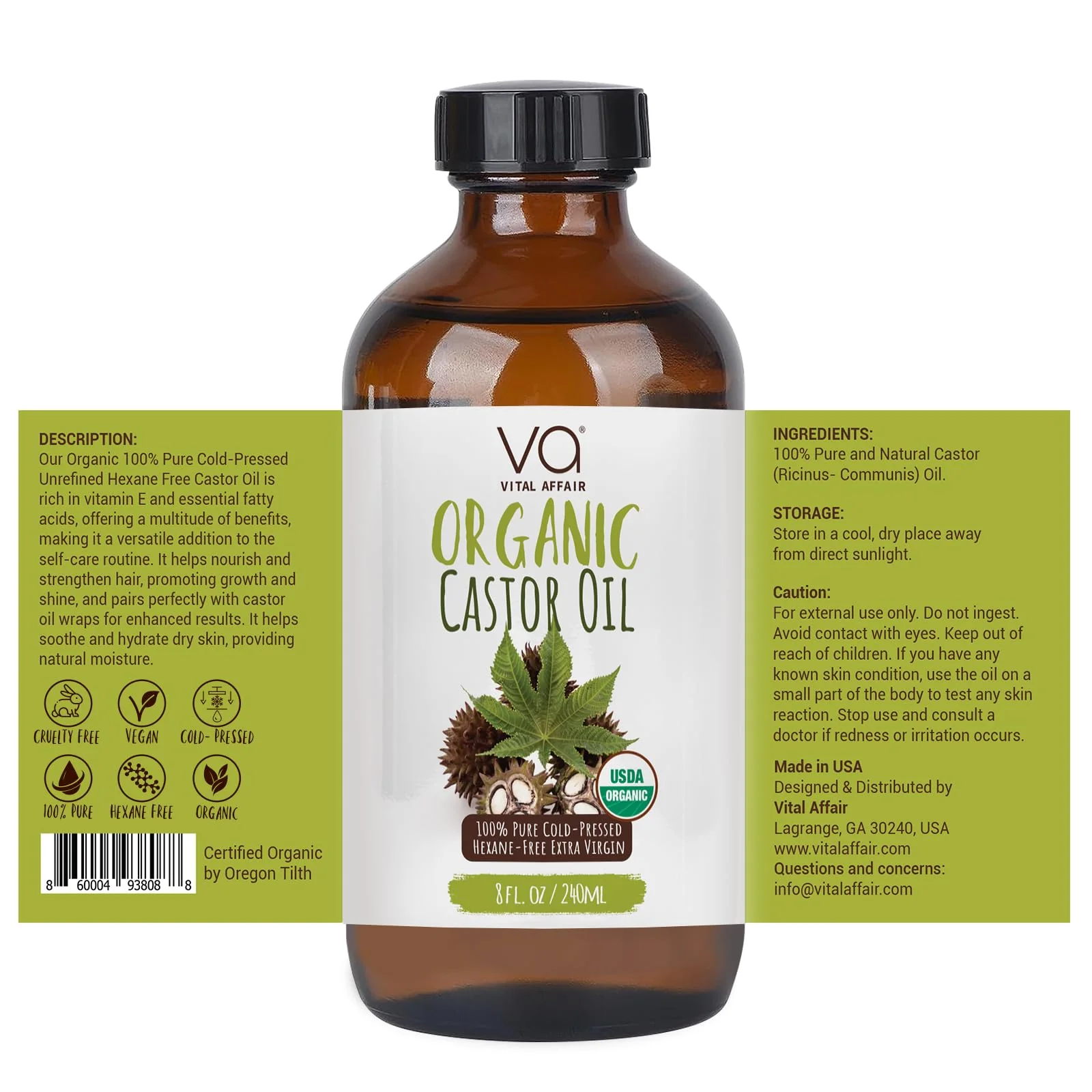 VITAL AFFAIR Castor Oil Organic Cold Pressed Unrefined Glass Bottle - USDA Certified Castor Oil For Hair Growth, Skin, Eyelashes, Eyebrows & Nails - 8 Fl Oz - Image 6