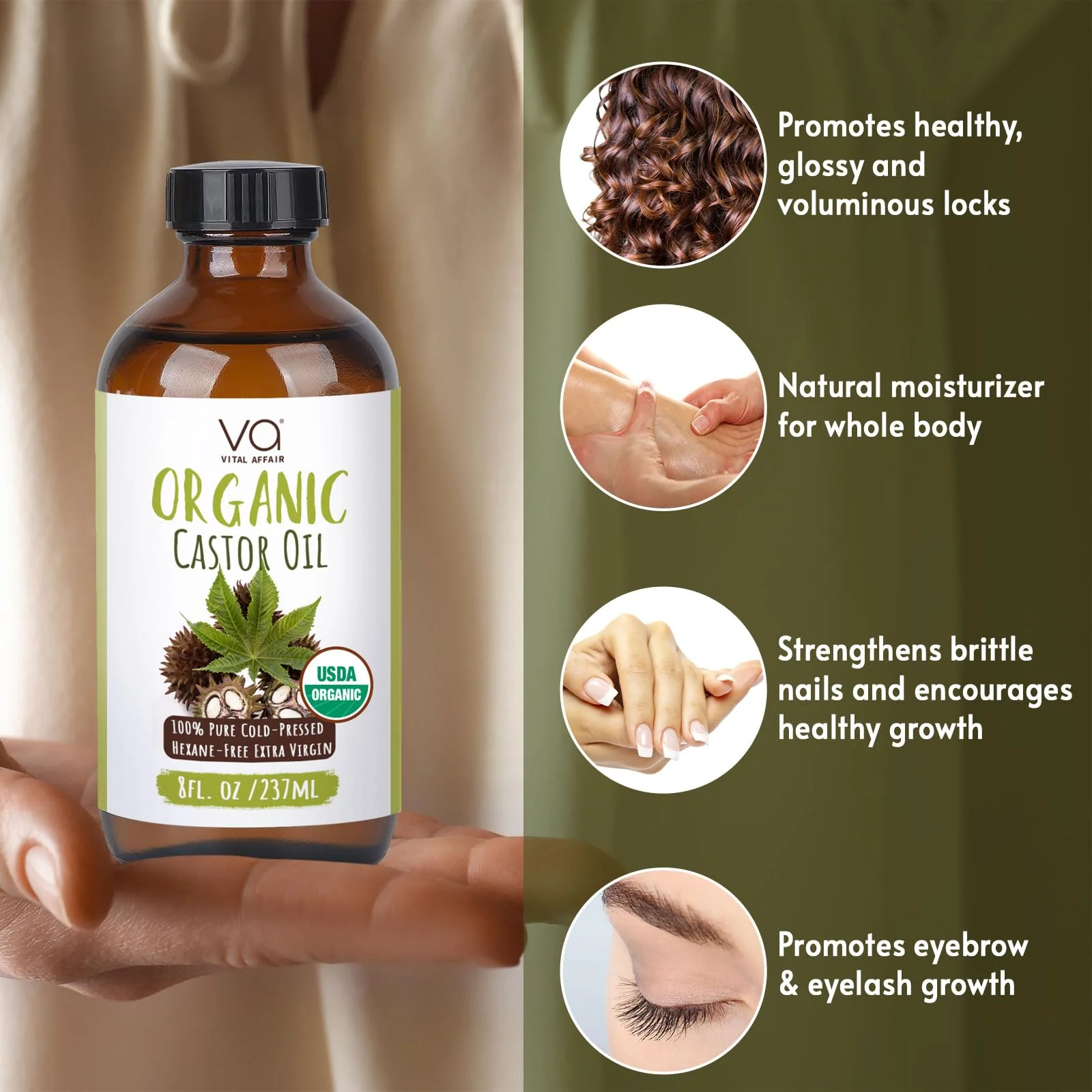 VITAL AFFAIR Castor Oil Organic Cold Pressed Unrefined Glass Bottle - USDA Certified Castor Oil For Hair Growth, Skin, Eyelashes, Eyebrows & Nails - 8 Fl Oz - Image 7