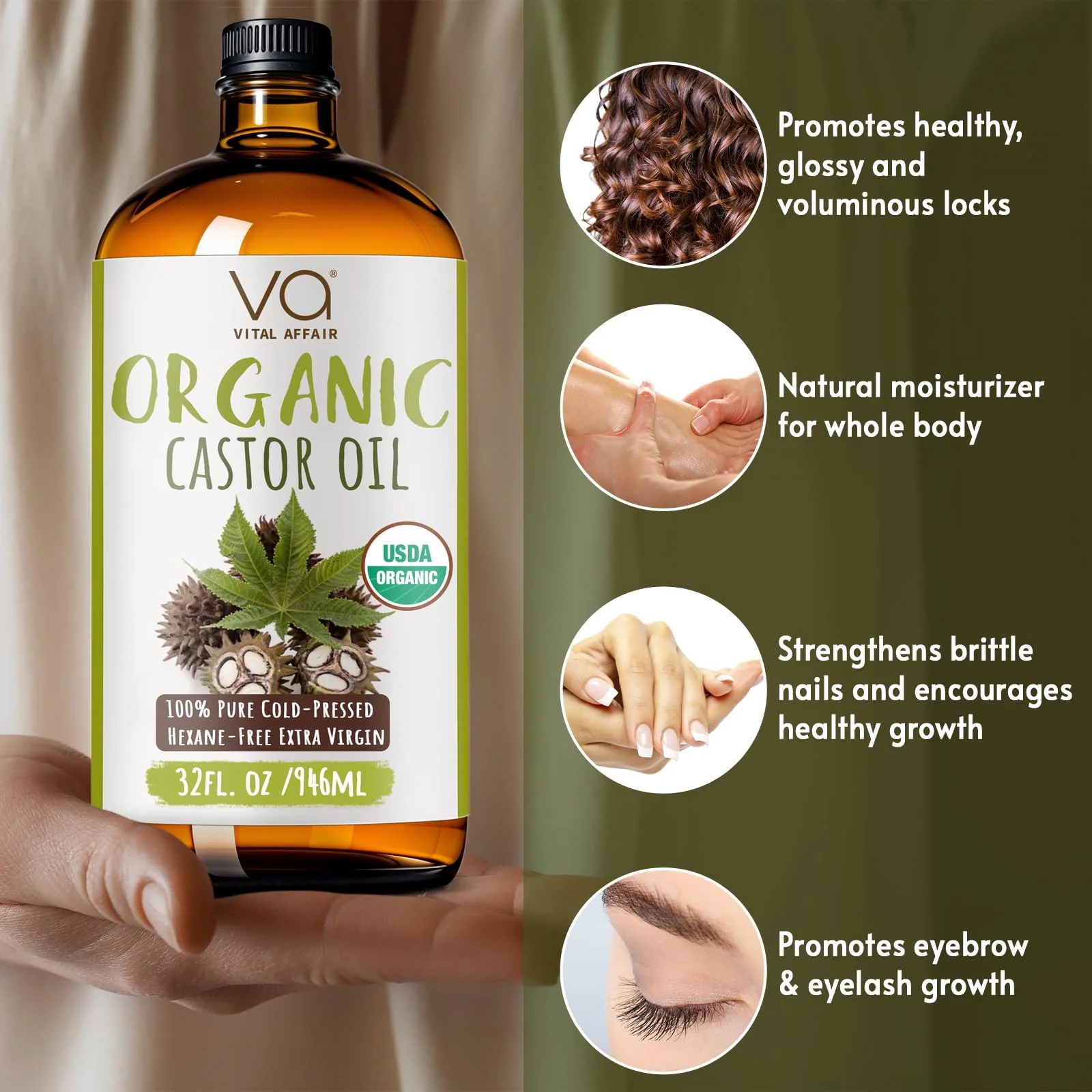 VITAL AFFAIR Pure Organic Castor Oil 946 Ml(32 Oz)- Cold Pressed, Unrefined, USDA Certified Organic - Glass Bottle for Hair Growth, Eyelashes, Eyebrows, Face - Image 4