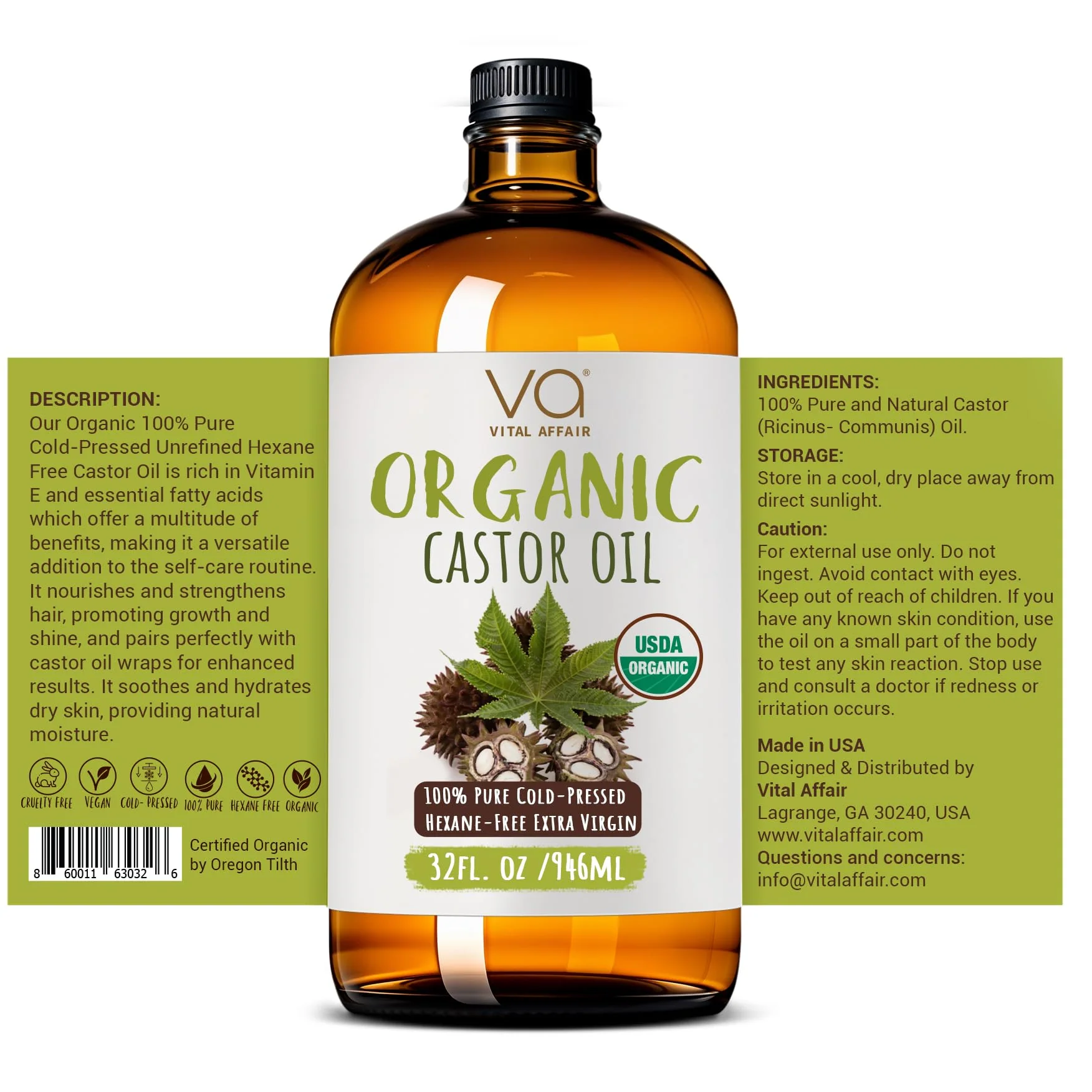 VITAL AFFAIR Pure Organic Castor Oil 946 Ml(32 Oz)- Cold Pressed, Unrefined, USDA Certified Organic - Glass Bottle for Hair Growth, Eyelashes, Eyebrows, Face - Image 5