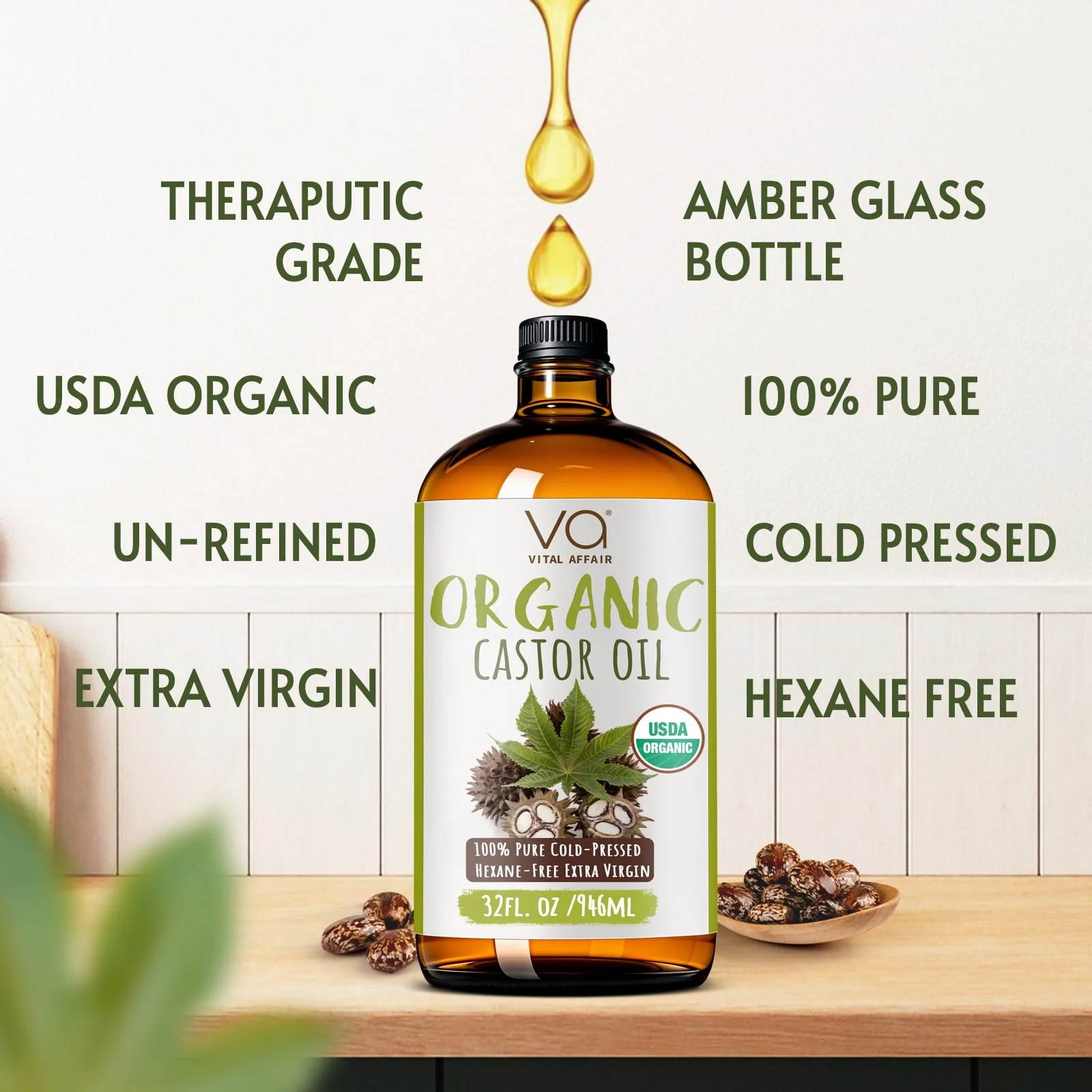 VITAL AFFAIR Pure Organic Castor Oil 946 Ml(32 Oz)- Cold Pressed, Unrefined, USDA Certified Organic - Glass Bottle for Hair Growth, Eyelashes, Eyebrows, Face - Image 8