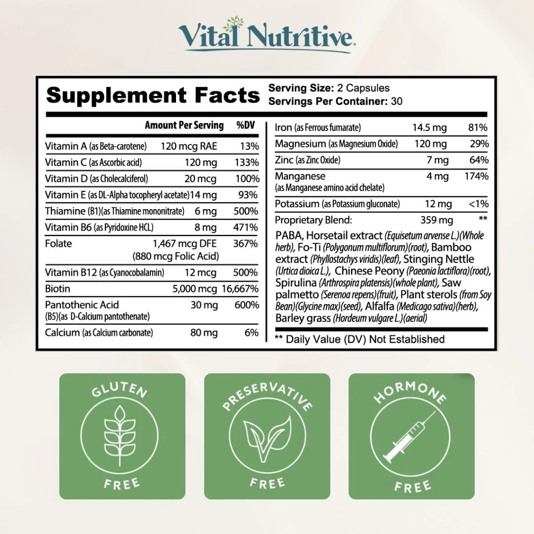 Vital Hair Complex -Hair Growth Vitamins for Women and Men -Biotin & Vitamin B -Hair Growth Supplement for Healthy Hair Skin & Nails -Hormone & Gluten Free -Hair Vitamins for Women - Image 2