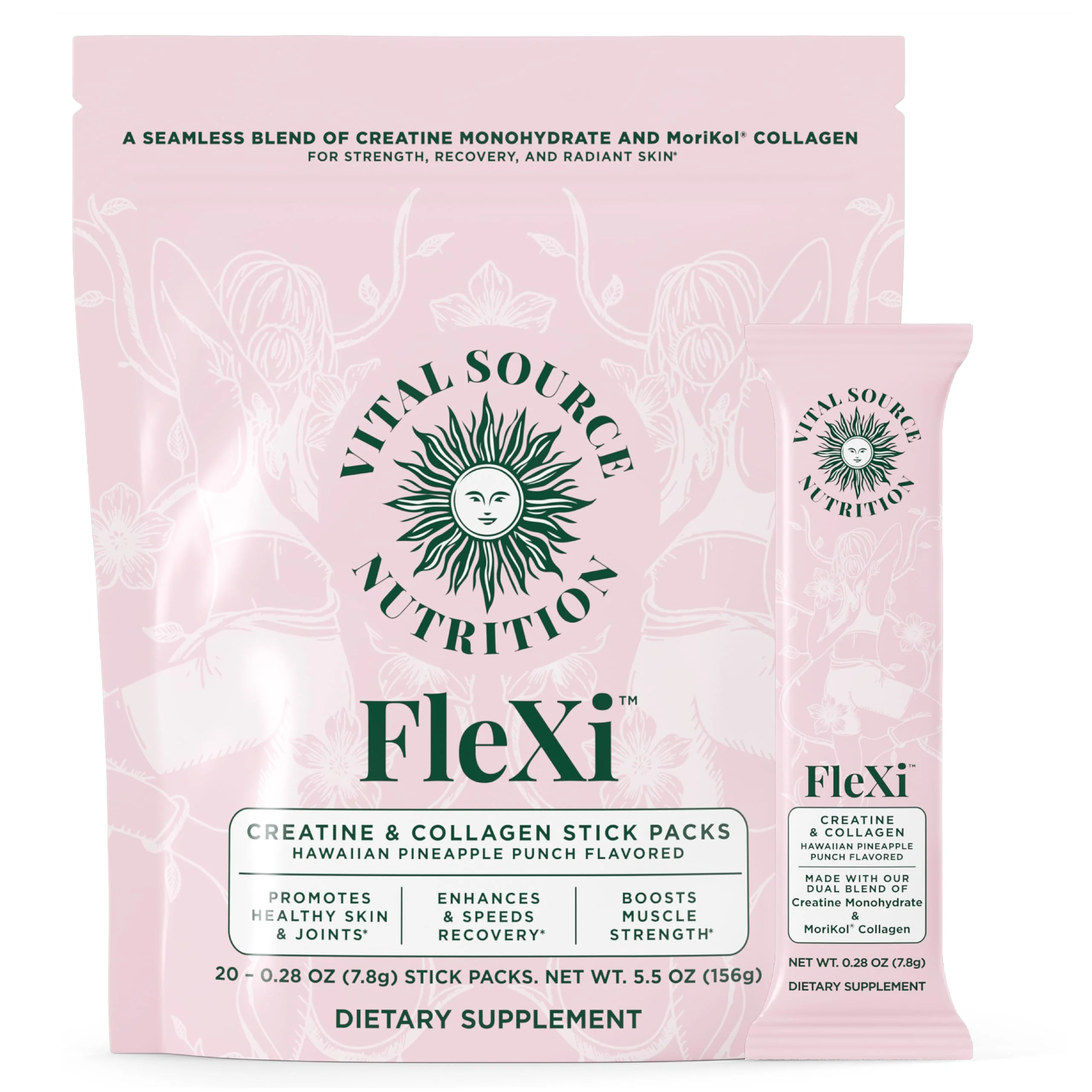 Vital Source Nutrition - Flexi - Creatine & Collagen Stick Packs - 5g Creatine Monohydrate + 1g MoriKol Collagen -Supports Strength, Recovery & Skin Health -20 Servings