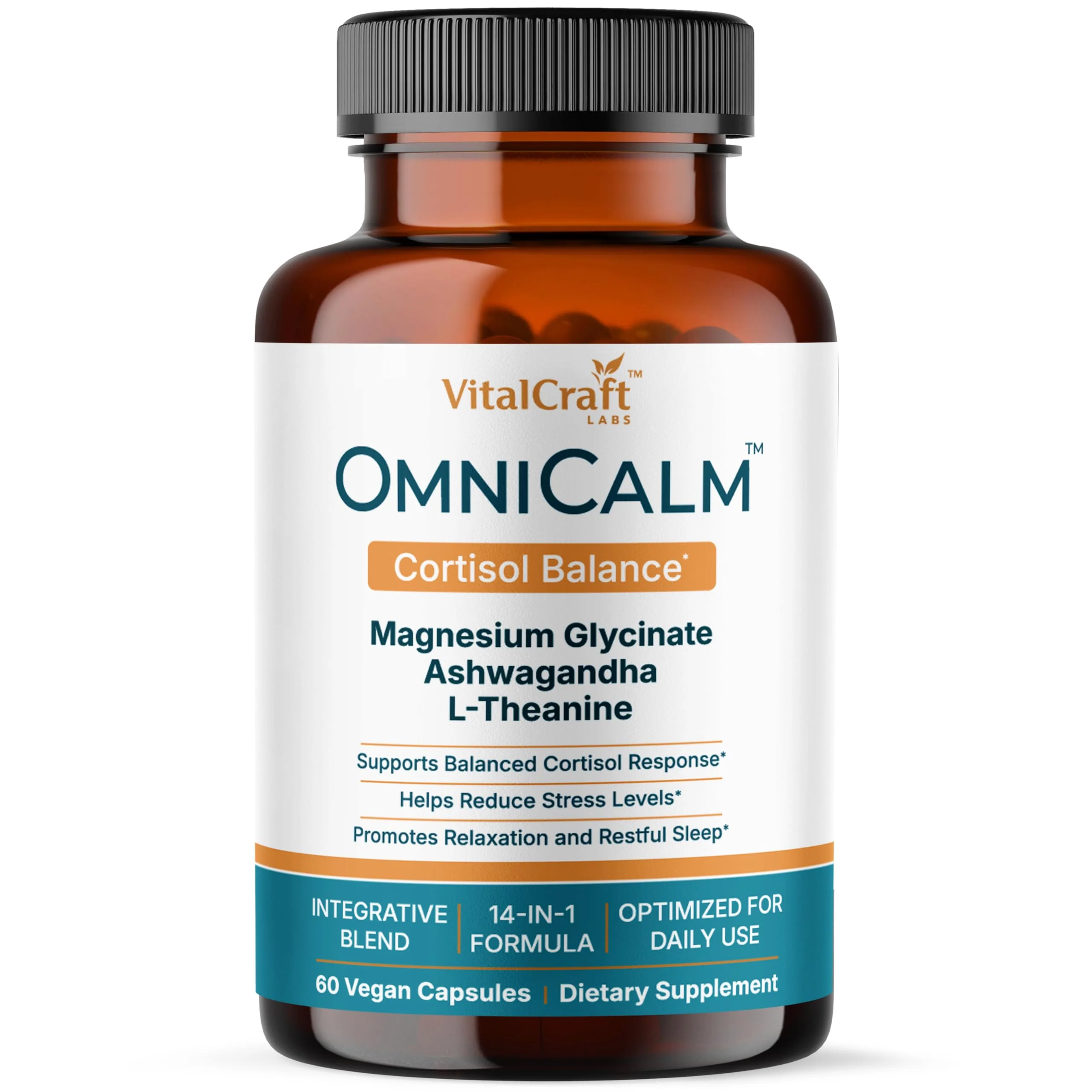 VITALCRAFT LABS OmniCalm Cortisol Supplements for Women & Men | Stress Relief & Sleep Support with Magnesium & Ashwagandha, L Theanine | 14-in-1 Cortisol Reducer, Manager, Detox – USA
