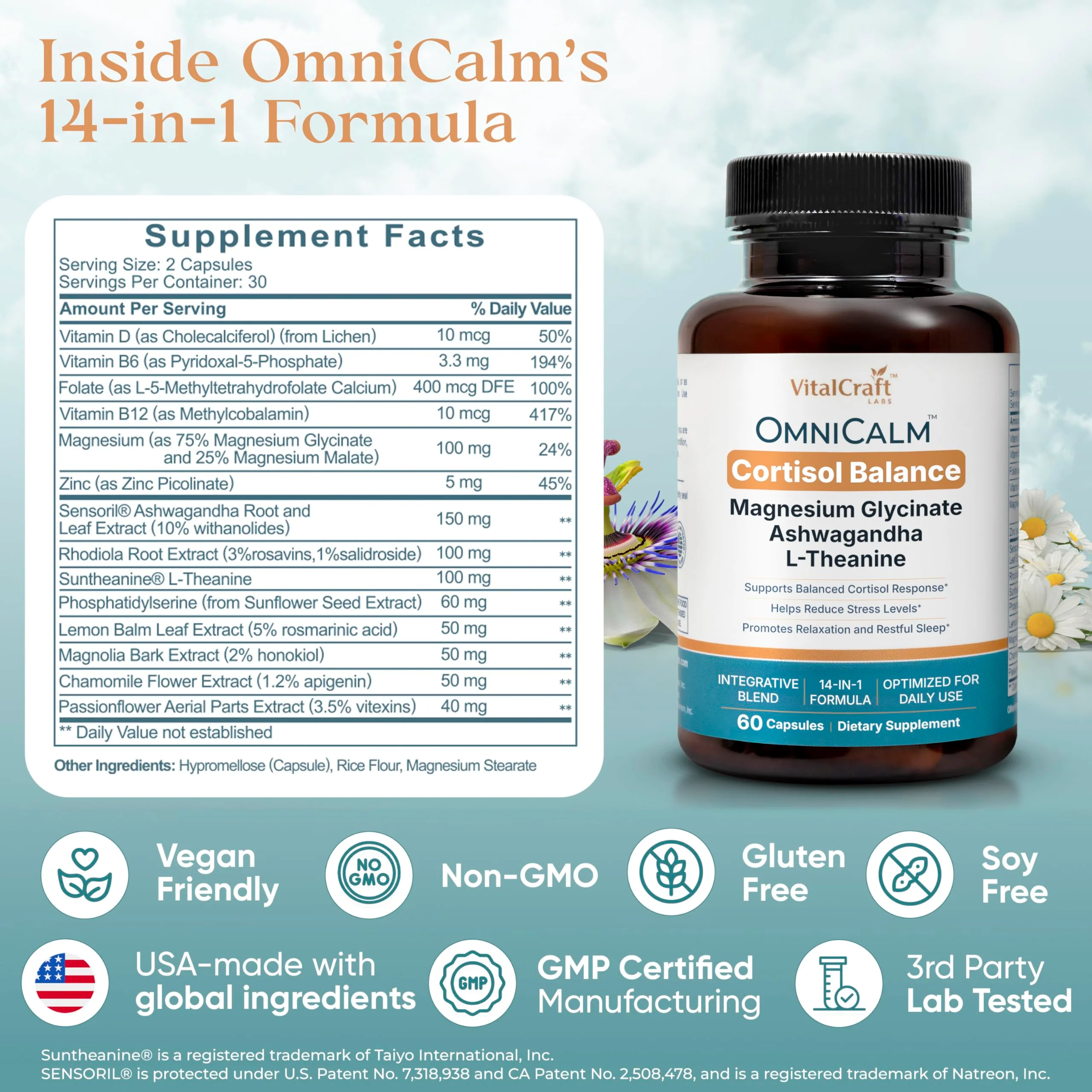VITALCRAFT LABS OmniCalm Cortisol Supplements for Women & Men | Stress Relief & Sleep Support with Magnesium & Ashwagandha, L Theanine | 14-in-1 Cortisol Reducer, Manager, Detox – USA - Image 3