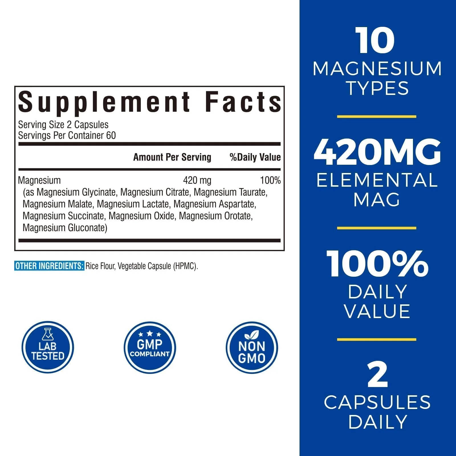 Vitalibre 10 in 1 Magnesium Complex, 420mg Elemental Magnesium | Ultra Strength, Max Absorption | Chelated Magnesium Supplement for Nerves, Bone & Heart Health | Non-GMO, 120 Vegan Capsules - Image 2