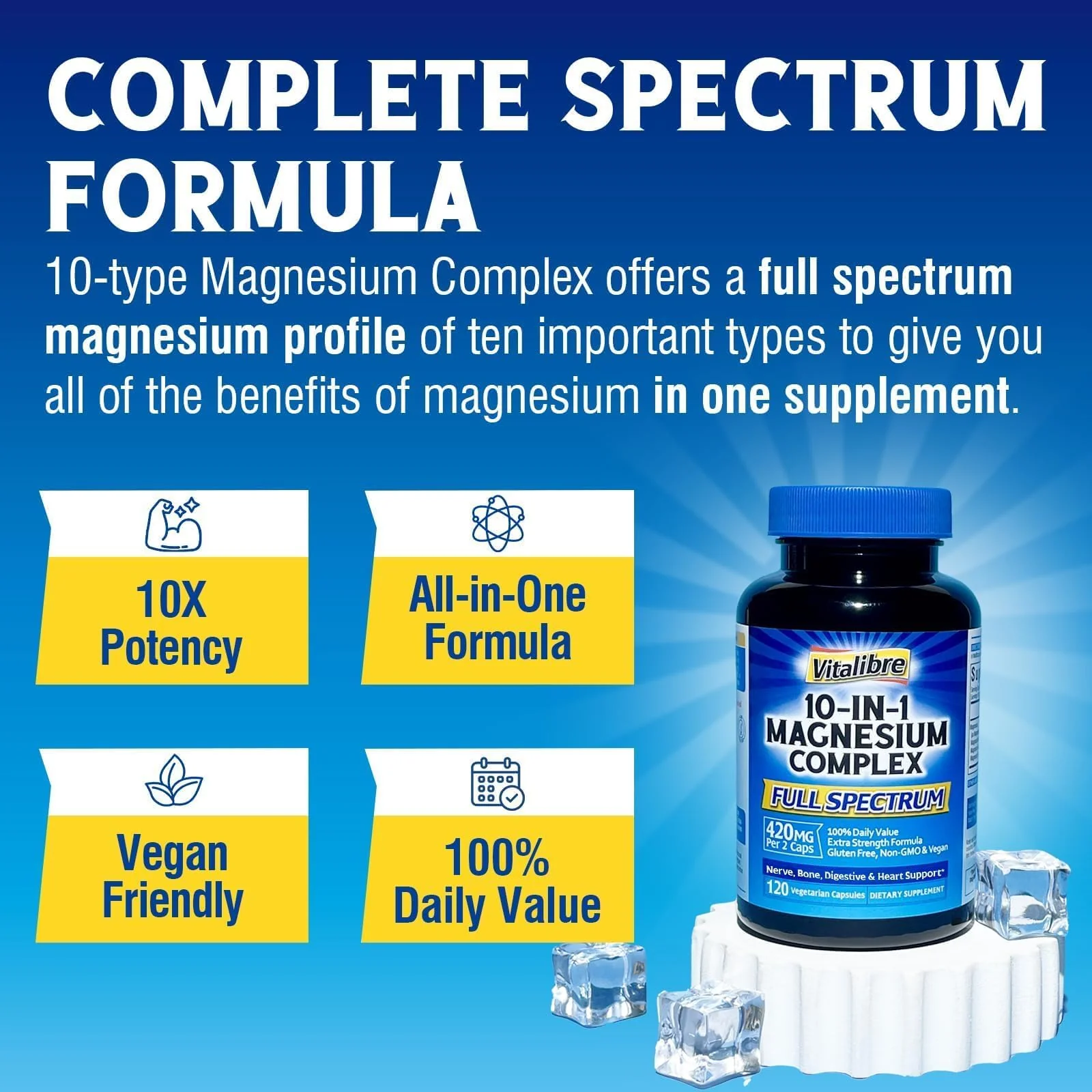 Vitalibre 10 in 1 Magnesium Complex, 420mg Elemental Magnesium | Ultra Strength, Max Absorption | Chelated Magnesium Supplement for Nerves, Bone & Heart Health | Non-GMO, 120 Vegan Capsules - Image 3