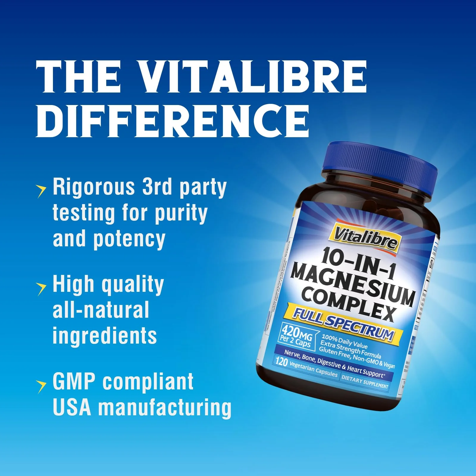 Vitalibre 10 in 1 Magnesium Complex, 420mg Elemental Magnesium | Ultra Strength, Max Absorption | Chelated Magnesium Supplement for Nerves, Bone & Heart Health | Non-GMO, 120 Vegan Capsules - Image 6