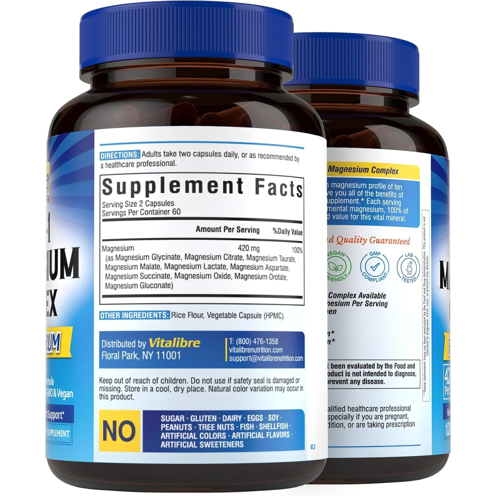 Vitalibre 10 in 1 Magnesium Complex, 420mg Elemental Magnesium | Ultra Strength, Max Absorption | Chelated Magnesium Supplement for Nerves, Bone & Heart Health | Non-GMO, 120 Vegan Capsules - Image 9