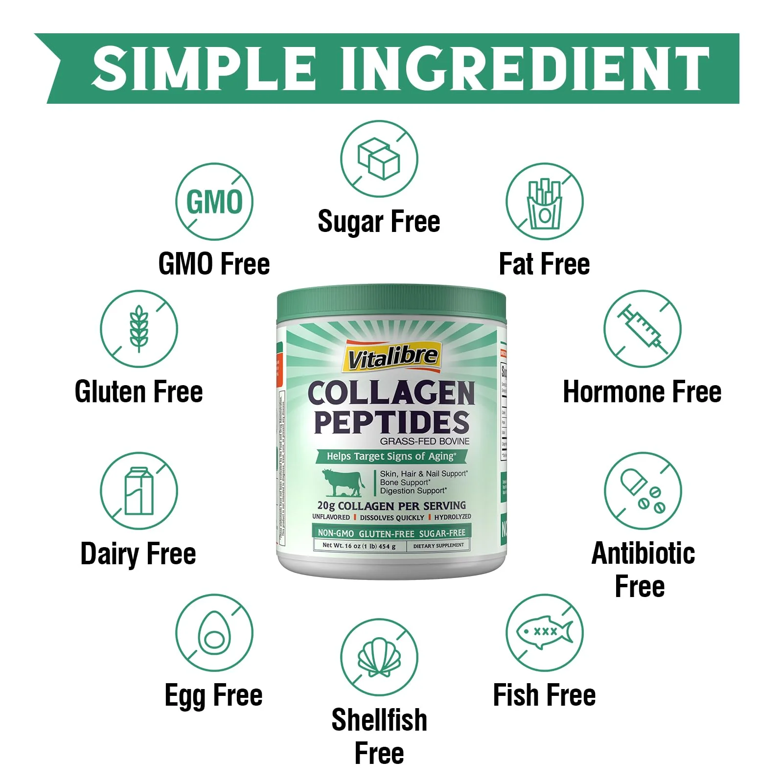 Vitalibre Bovine Collagen Peptides Powder for Women and Men, Grass-Fed Hydrolyzed Collagen Protein Type I & III, Skin, Hair, Nails, Bones, Digestion, Unflavored, Non-GMO, Keto & GF, 22 Servings, 16oz - Image 3