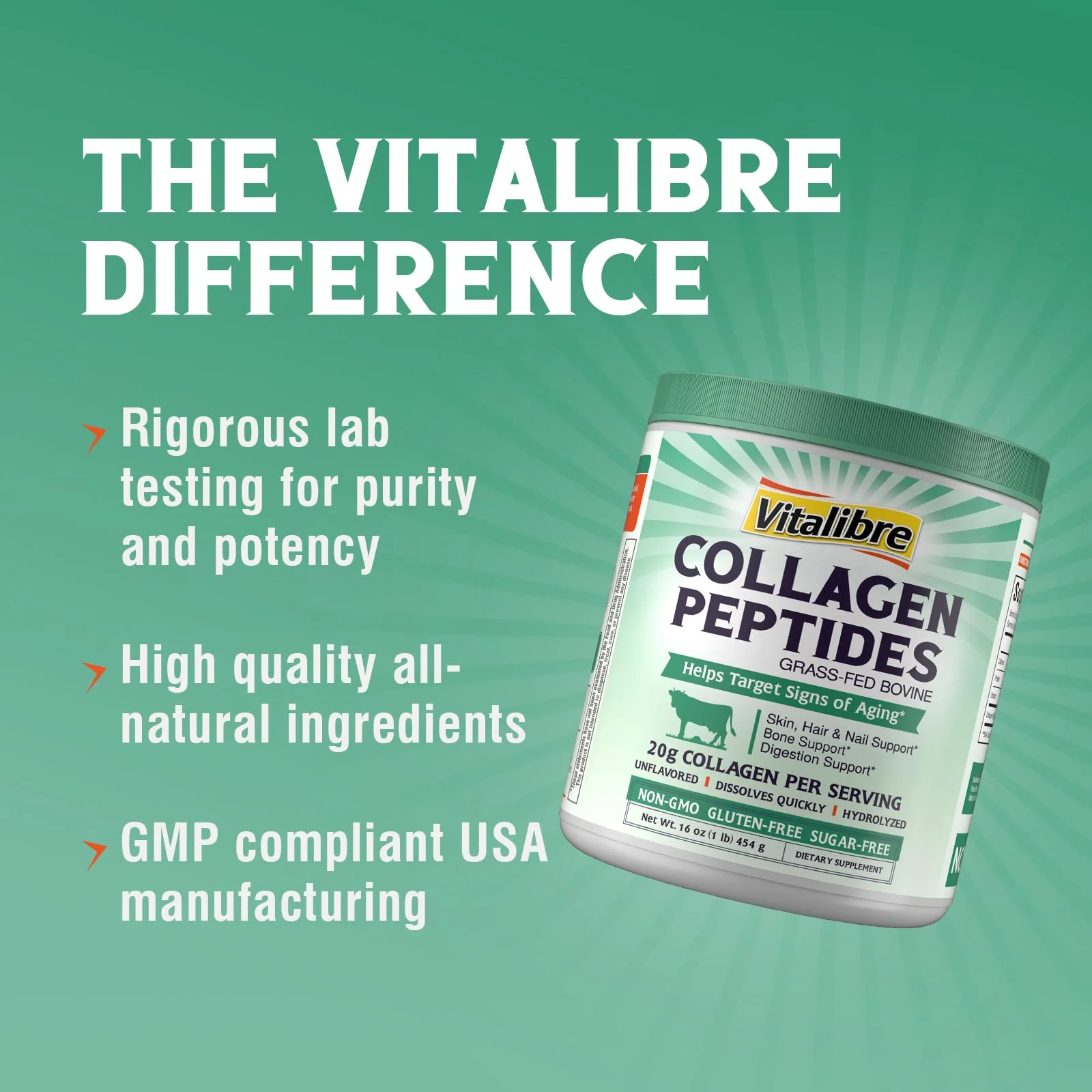 Vitalibre Bovine Collagen Peptides Powder for Women and Men, Grass-Fed Hydrolyzed Collagen Protein Type I & III, Skin, Hair, Nails, Bones, Digestion, Unflavored, Non-GMO, Keto & GF, 22 Servings, 16oz - Image 6