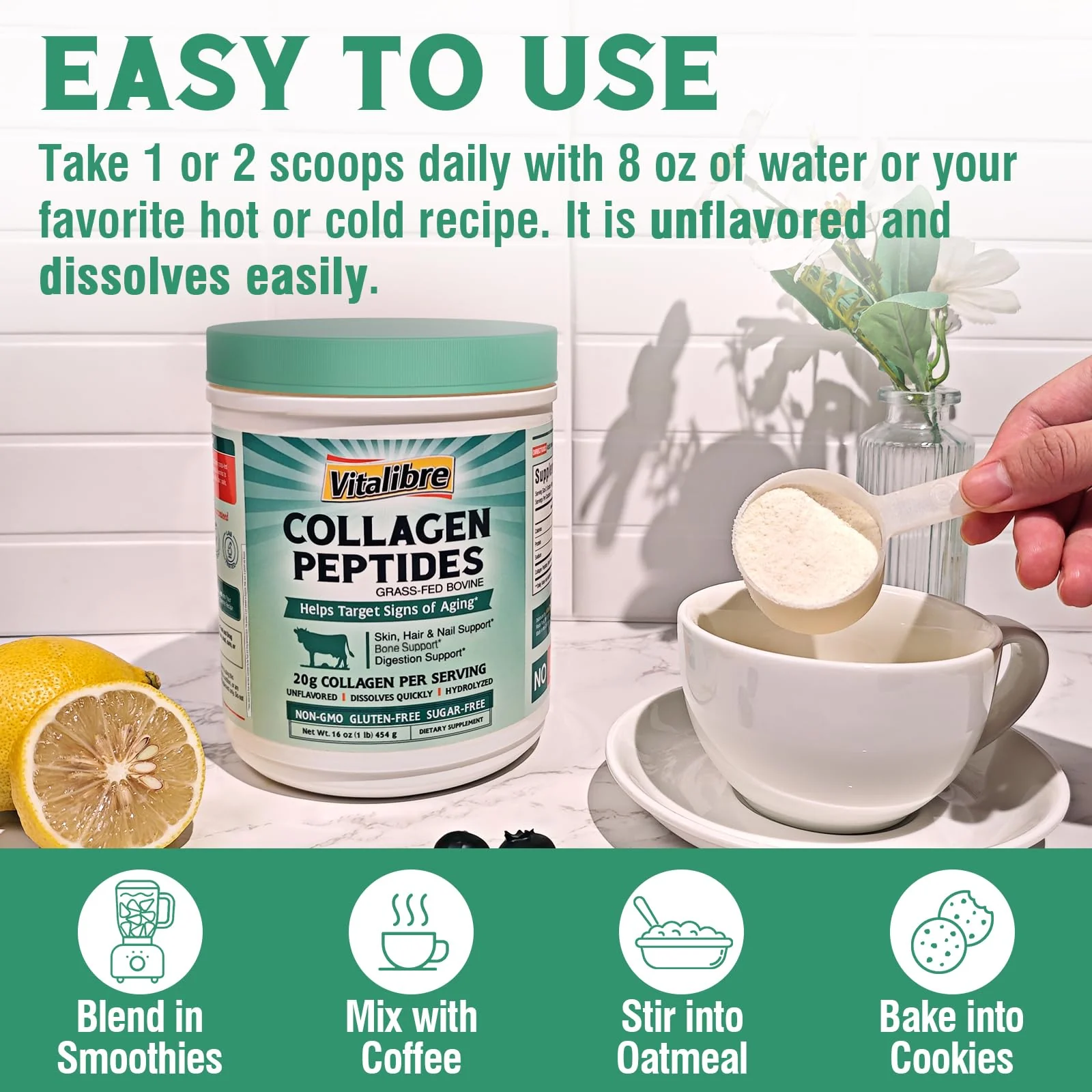 Vitalibre Bovine Collagen Peptides Powder for Women and Men, Grass-Fed Hydrolyzed Collagen Protein Type I & III, Skin, Hair, Nails, Bones, Digestion, Unflavored, Non-GMO, Keto & GF, 22 Servings, 16oz - Image 7