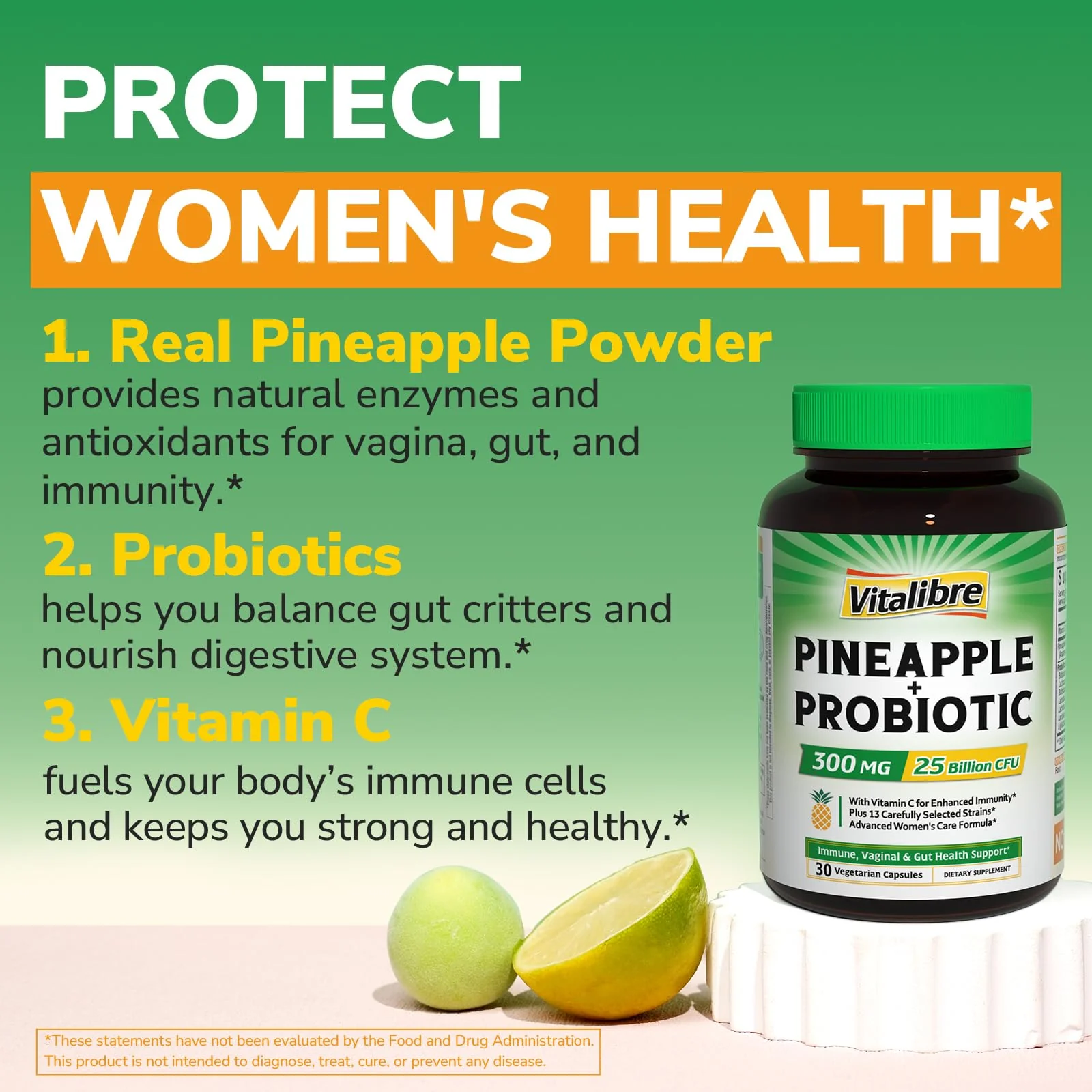 Vitalibre Pineapple + Probiotic, 300 mg, 25 Billion CFUs, 13 Strains, Natural Vitamin C, Powerful Antioxidants, for Immunity, Vaginal, Gut Health, 30 Vegan Capsules, Non GMO - Image 4