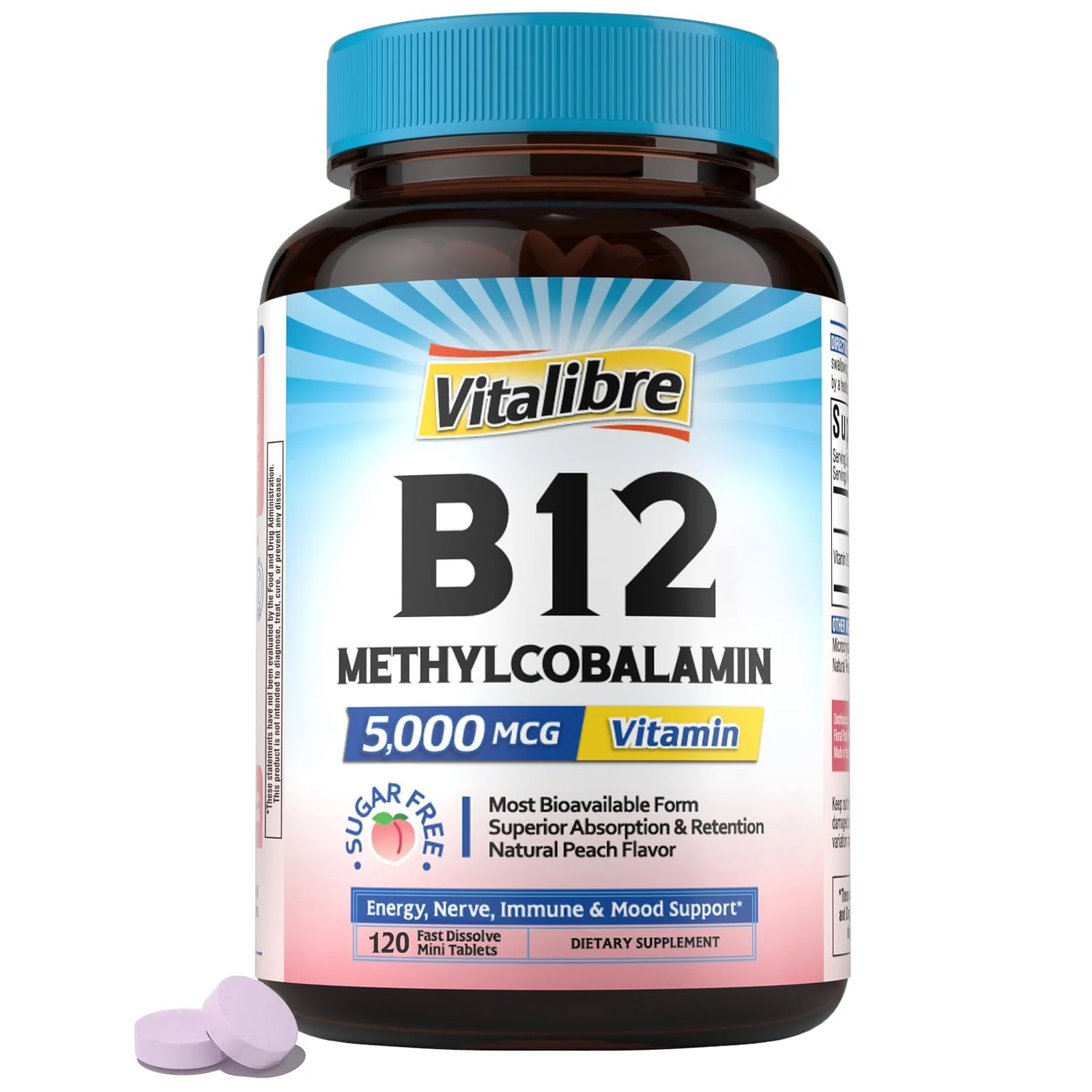 Vitalibre Vitamin B12 Sublingual 5000 mcg, Methylcobalamin, Bioactive Form, High Absorption, Vegan, Natural Peach Flavor, 120 Fast Dissolve Mini Tablets, No Sugar