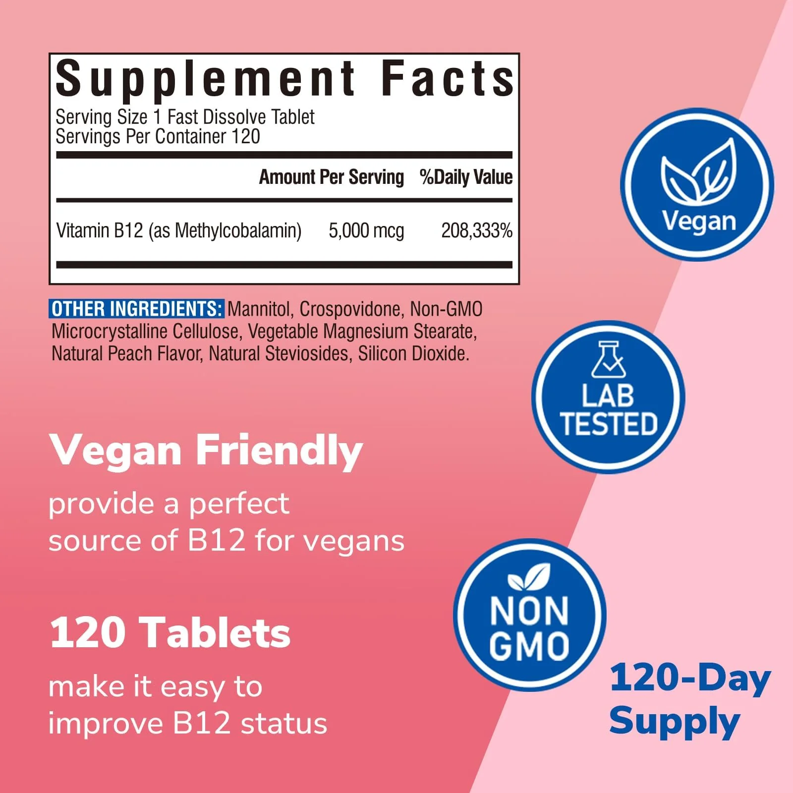Vitalibre Vitamin B12 Sublingual 5000 mcg, Methylcobalamin, Bioactive Form, High Absorption, Vegan, Natural Peach Flavor, 120 Fast Dissolve Mini Tablets, No Sugar - Image 4