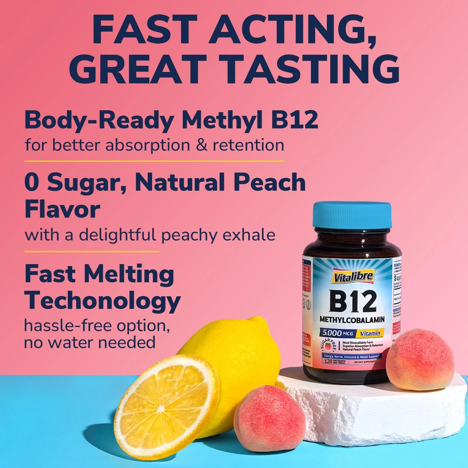 Vitalibre Vitamin B12 Sublingual 5000 mcg, Methylcobalamin, Bioactive Form, High Absorption, Vegan, Natural Peach Flavor, 120 Fast Dissolve Mini Tablets, No Sugar - Image 5
