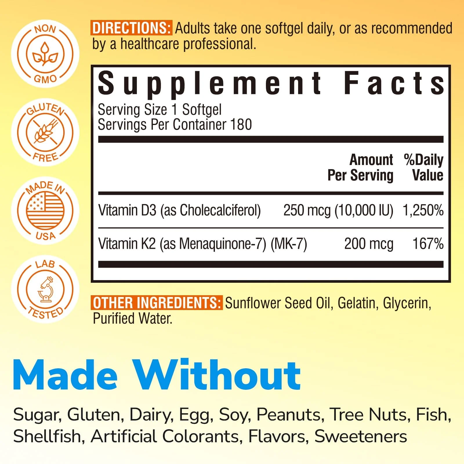 Vitalibre Vitamin D3 K2 Supplement, 10000 IU D3 / 200 mcg K2 MK7, Calcium Absorption, Bone, Heart, Immune & Mood Support, Enhanced Absorption, No Soy, Easy to Swallow, 180 Softgels - Image 8