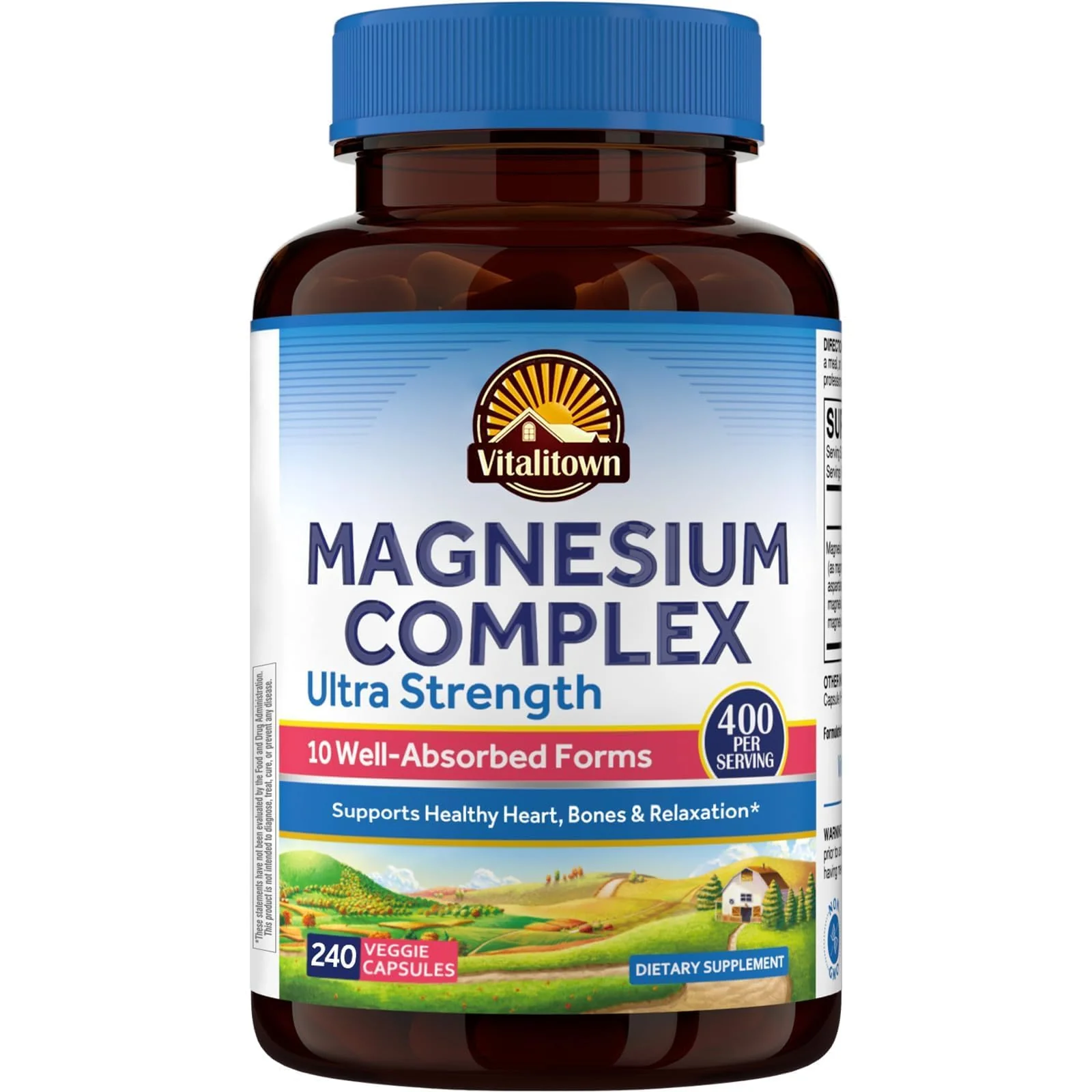 Vitalitown 10 in 1 Magnesium Complex Supplement - 400mg Elemental Magnesium Chelated with Glycinate, Citrate, Malate, Taurate & More - for Sleep Heart Energy, Non-GMO, Vegan, 240 Caps