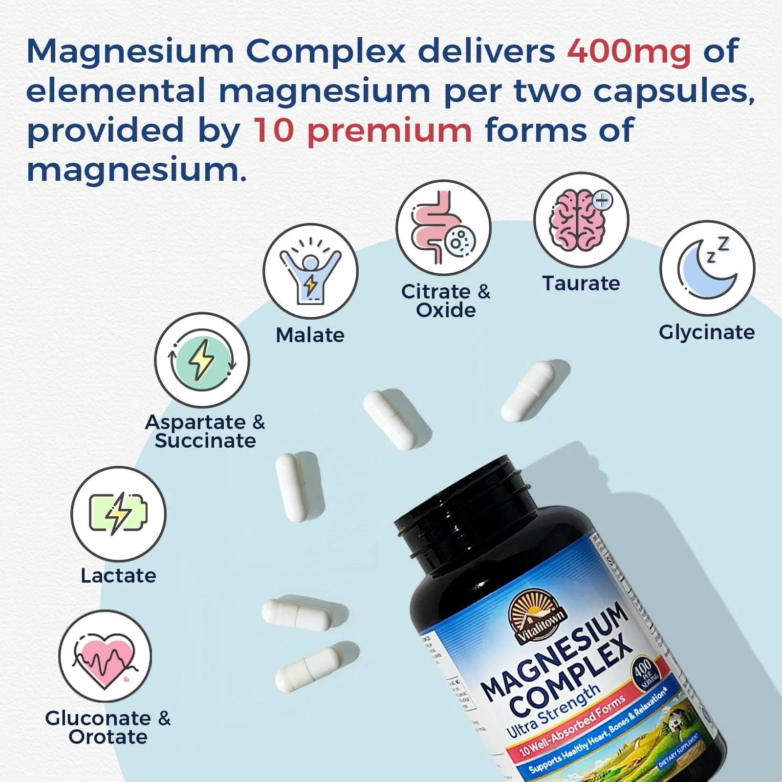 Vitalitown 10 in 1 Magnesium Complex Supplement - 400mg Elemental Magnesium Chelated with Glycinate, Citrate, Malate, Taurate & More - for Sleep Heart Energy, Non-GMO, Vegan, 240 Caps - Image 8