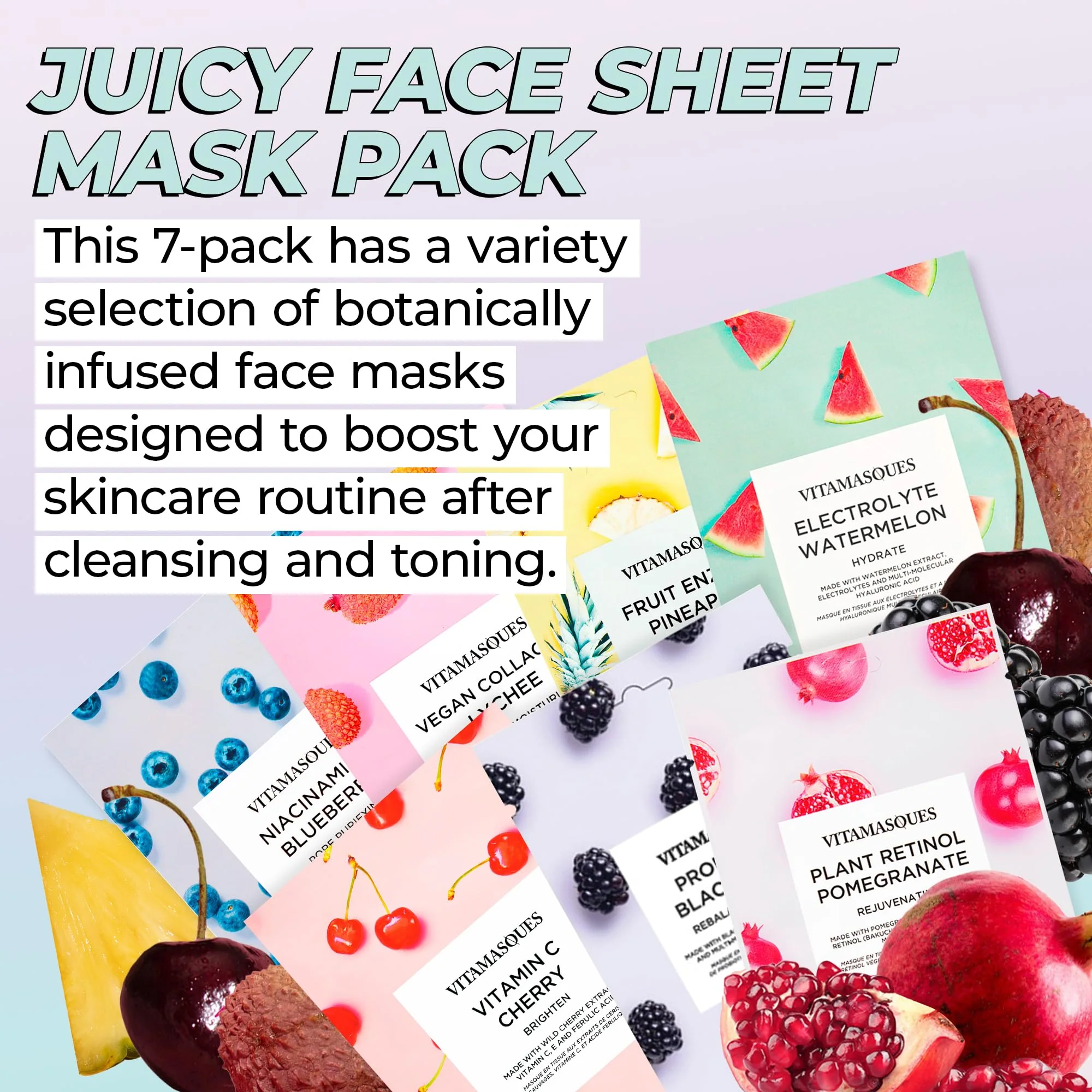 Vitamasques Face Masks Skincare Sheet Kit, 7-Pack - Juicy Collection of Triple-Layer Sheet Facial Masks - Korean Skin Care Pore Purifying, Brightening, and Hydrating - Image 6