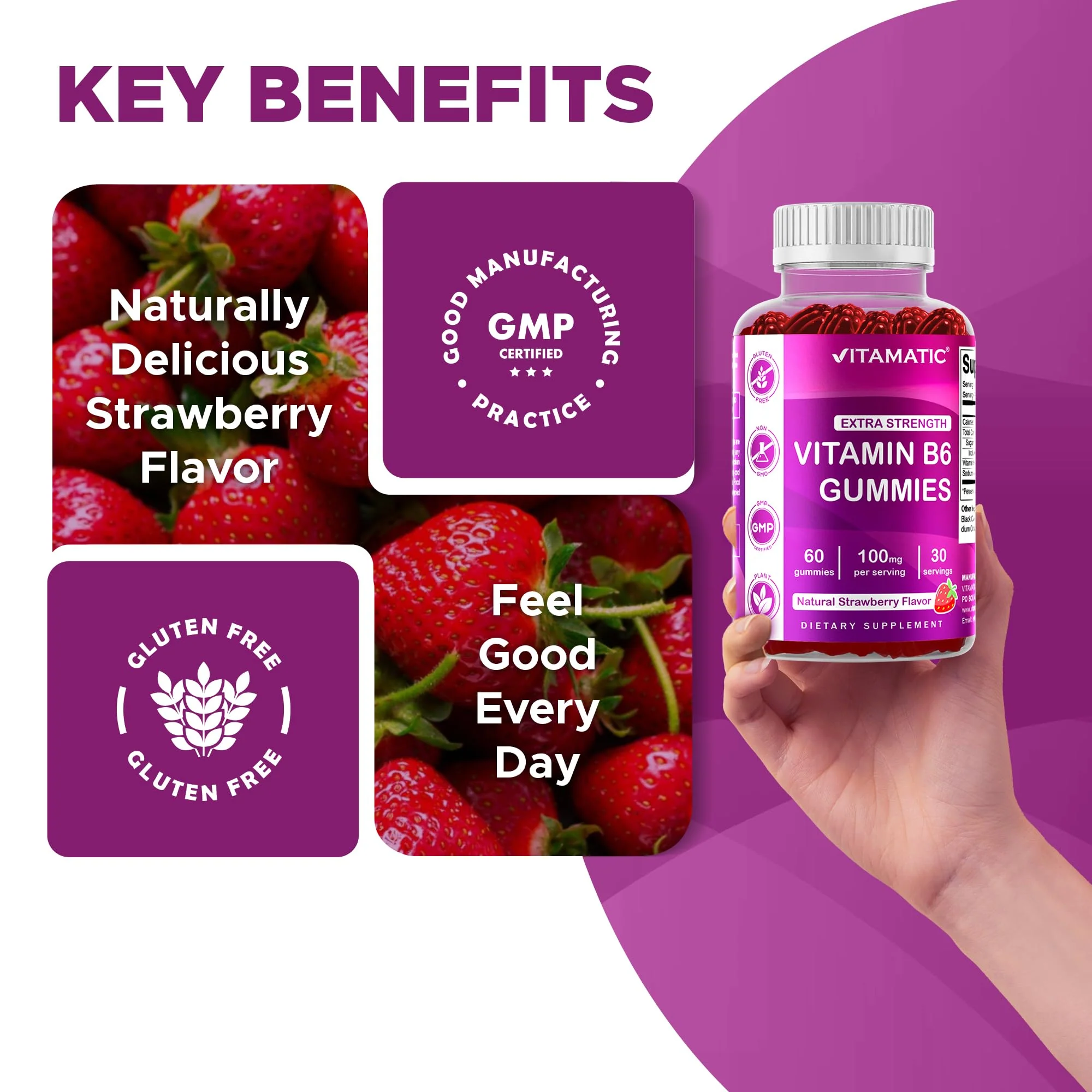 Vitamatic 2 Packs Vitamin B6 100mg Gummies – Natural Strawberry Flavor – 60 Pectin-Based Gummies per Bottle – Nervous System & Energy Support - Image 6