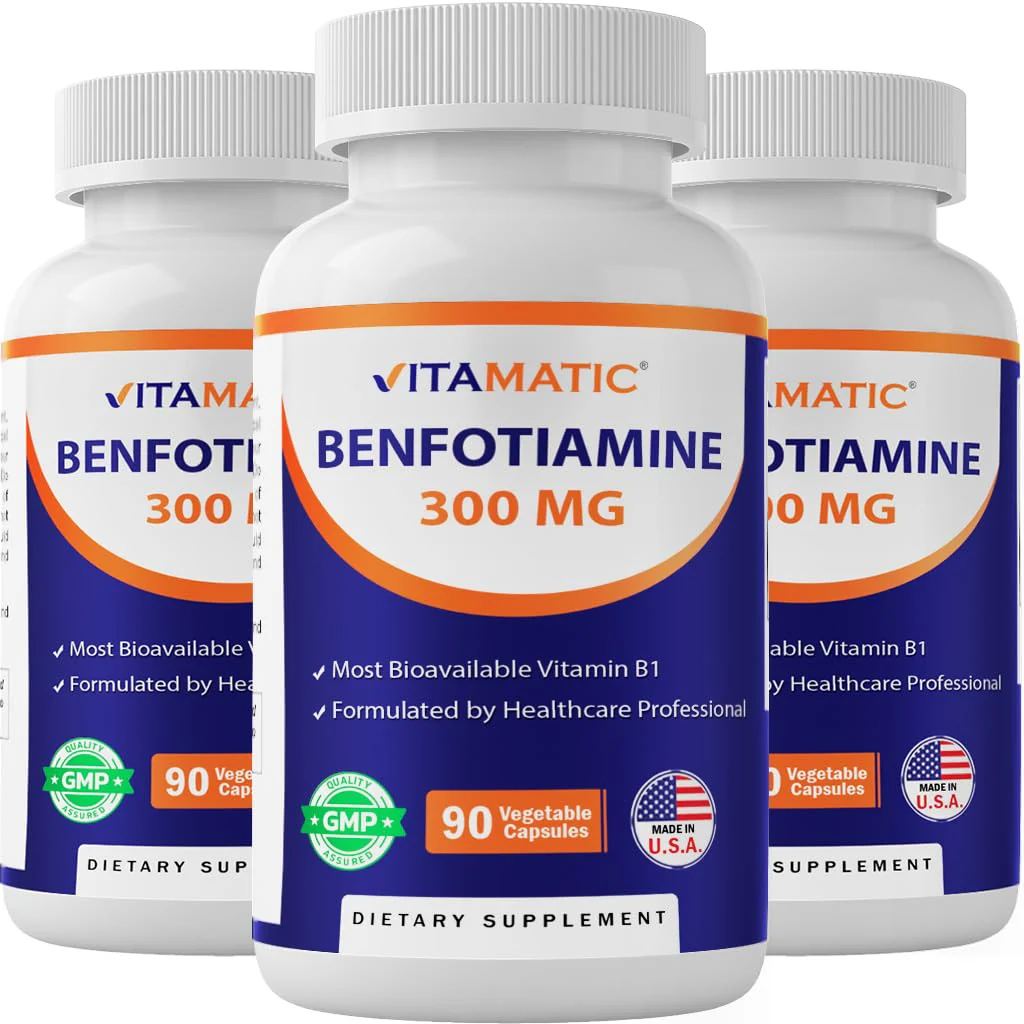Vitamatic Benfotiamine 300 mg 90 Vegetarian Capsules - Also Called Fat Soluble Vitamin B1 (90 Count (Pack of 1)) (3 Bottles)