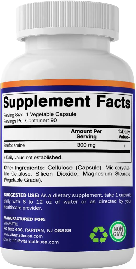 Vitamatic Benfotiamine 300 mg 90 Vegetarian Capsules - Also Called Fat Soluble Vitamin B1 (90 Count (Pack of 1)) (3 Bottles) - Image 3