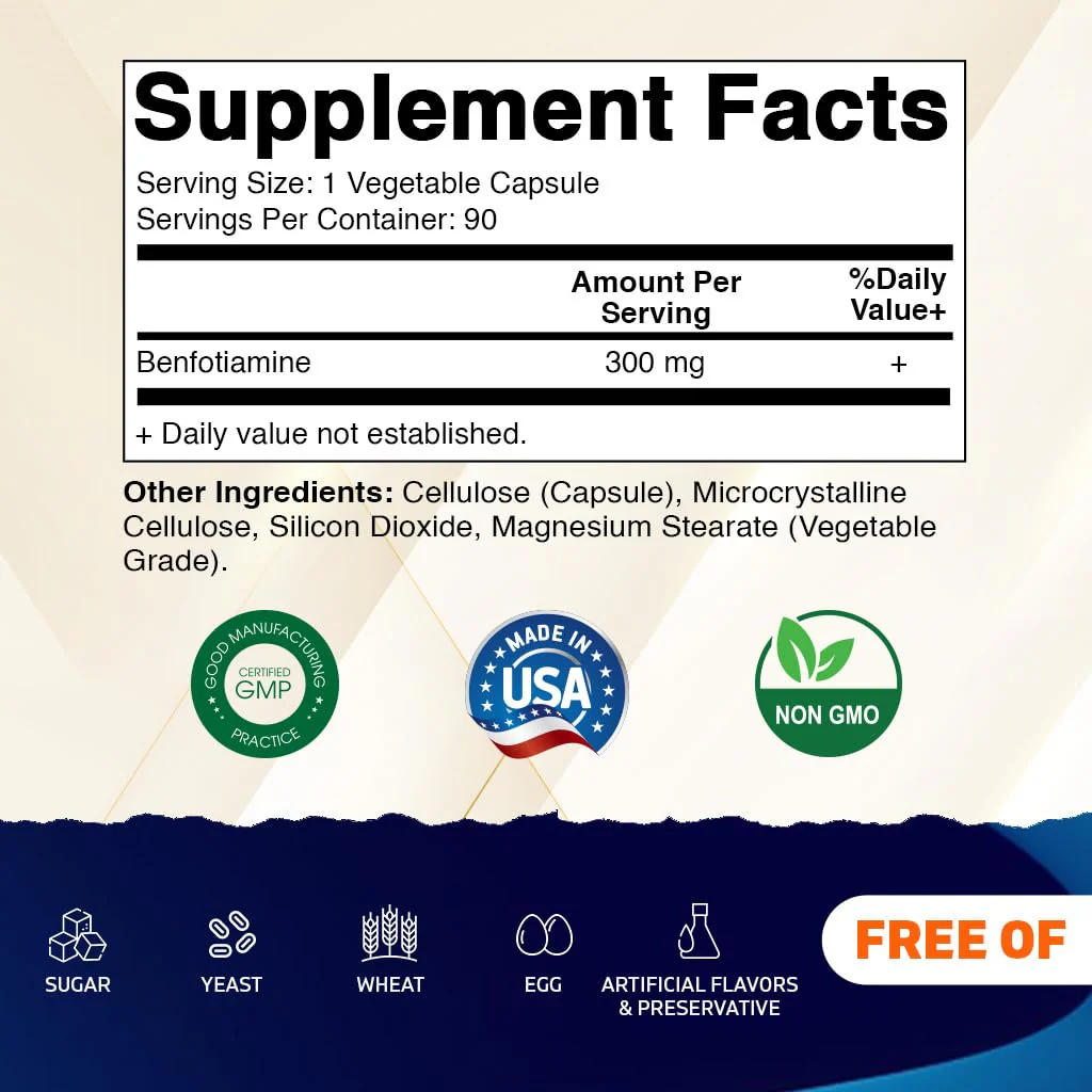 Vitamatic Benfotiamine 300 mg 90 Vegetarian Capsules - Also Called Fat Soluble Vitamin B1 (90 Count (Pack of 1)) (3 Bottles) - Image 9