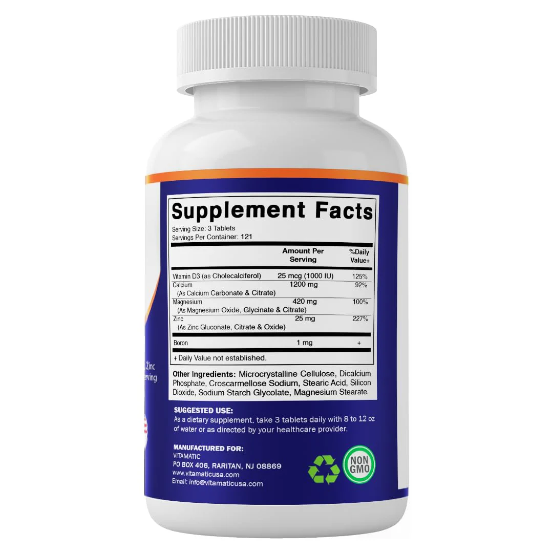 Vitamatic Calcium Magnesium Zinc D3 Boron | 365 Coated Tablets Supplement | Calcium 1200 mg, Magnesium 420mg, Zinc 25mg, Vitamin D3 1000 IU, Boron 1 mg | Non-GMO | Gluten Free | Made in USA - Image 3