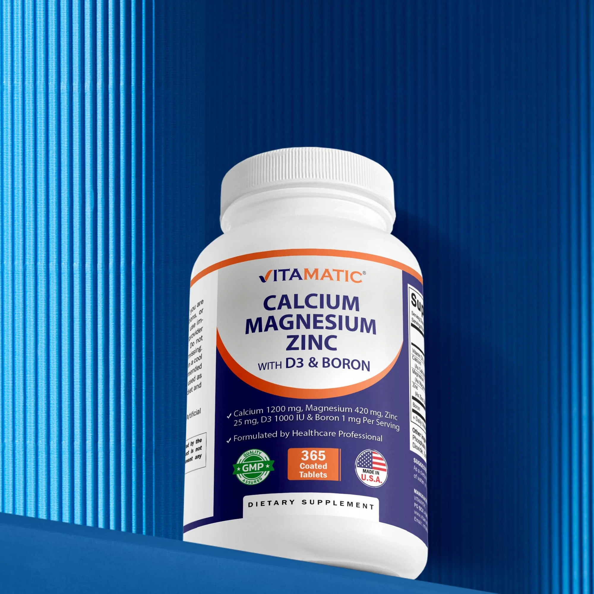 Vitamatic Calcium Magnesium Zinc D3 Boron | 365 Coated Tablets Supplement | Calcium 1200 mg, Magnesium 420mg, Zinc 25mg, Vitamin D3 1000 IU, Boron 1 mg | Non-GMO | Gluten Free | Made in USA - Image 7