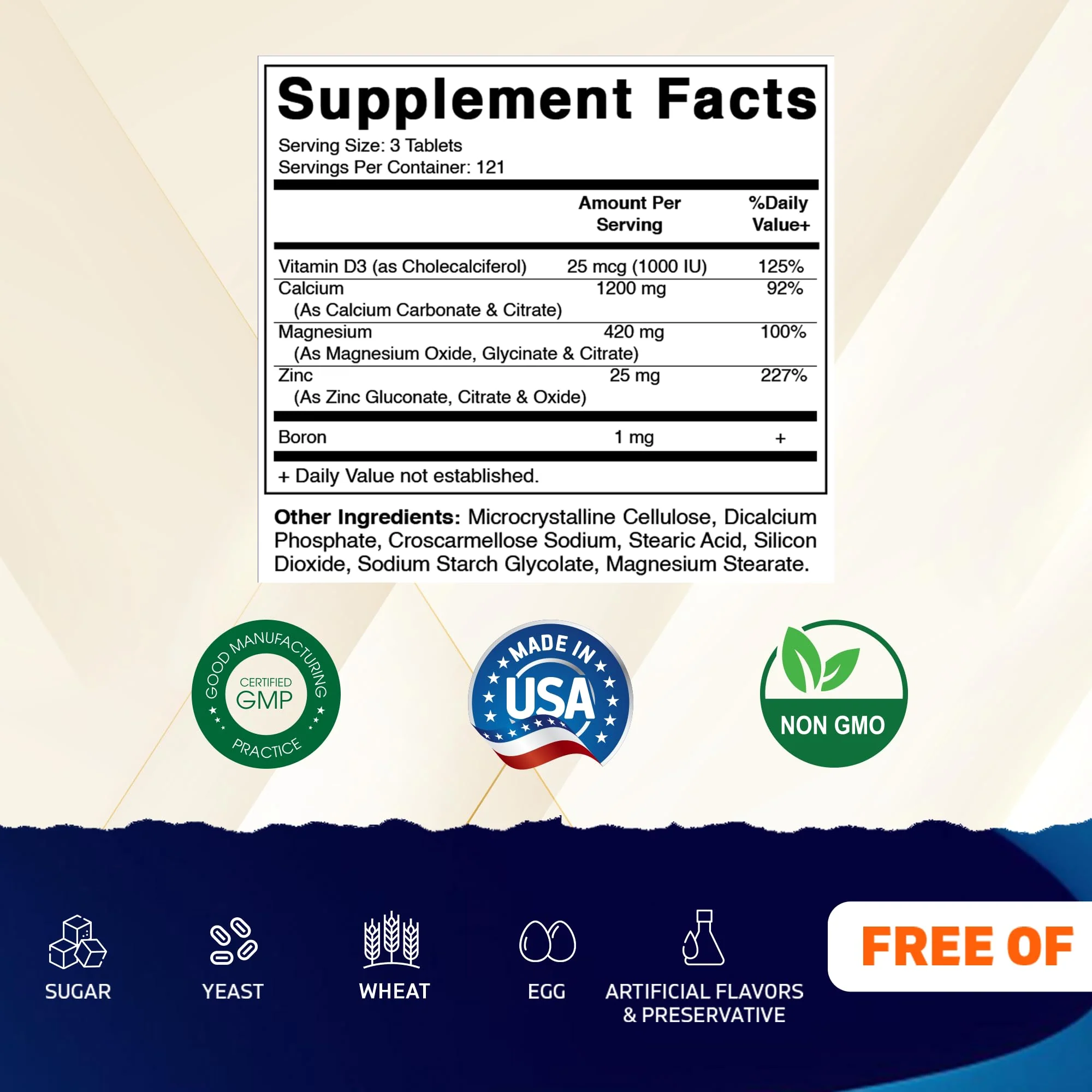 Vitamatic Calcium Magnesium Zinc D3 Boron | 365 Coated Tablets Supplement | Calcium 1200 mg, Magnesium 420mg, Zinc 25mg, Vitamin D3 1000 IU, Boron 1 mg | Non-GMO | Gluten Free | Made in USA - Image 9