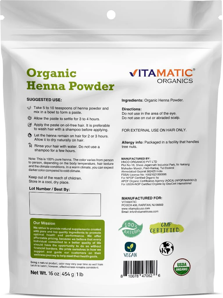 Vitamatic Certified USDA Organic Henna Powder – 1 lb (16 oz) Natural Hair Color | Chemical-Free - Image 2