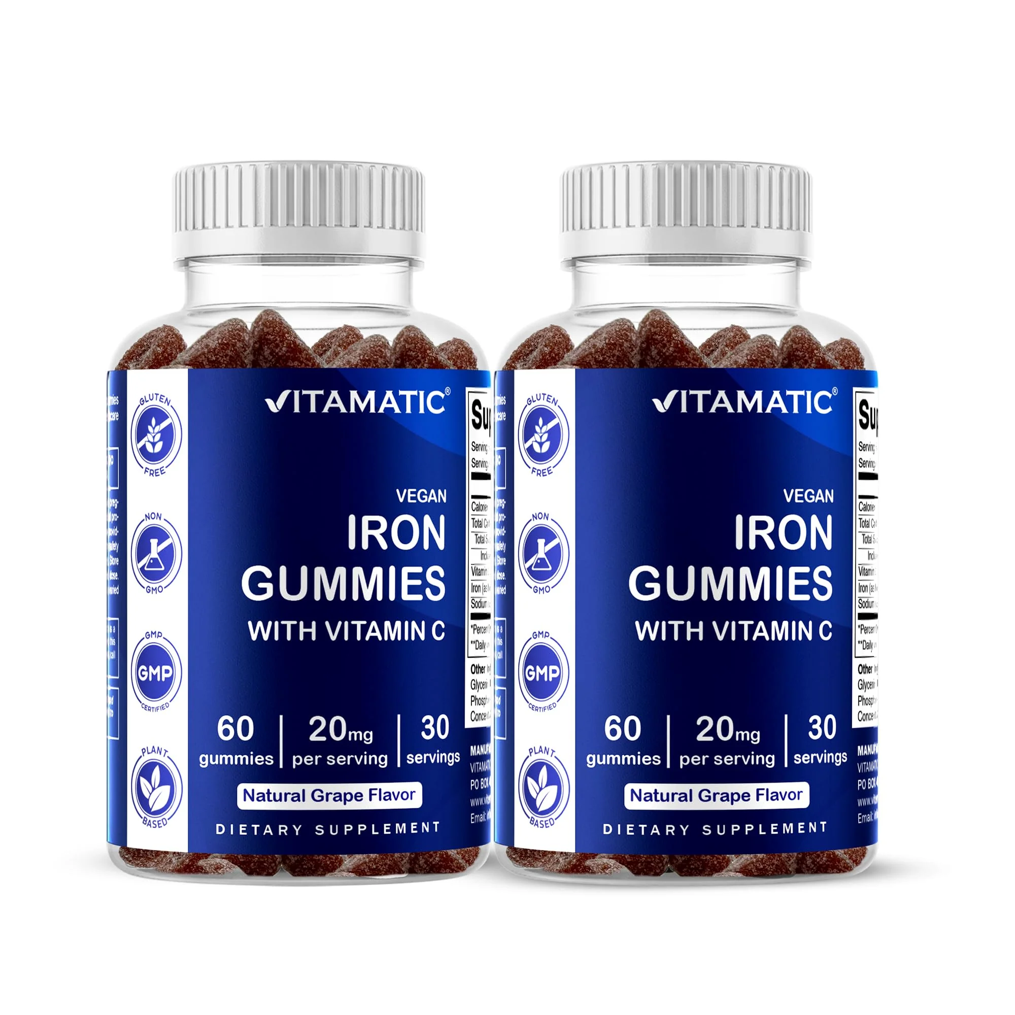 Vitamatic Iron Gummies Supplement for Women & Men - 20mg Serving - 60 Vegan Gummies - Great Tasting Iron Gummy Vitamins with Vitamin C (60 Count (Pack of 2))