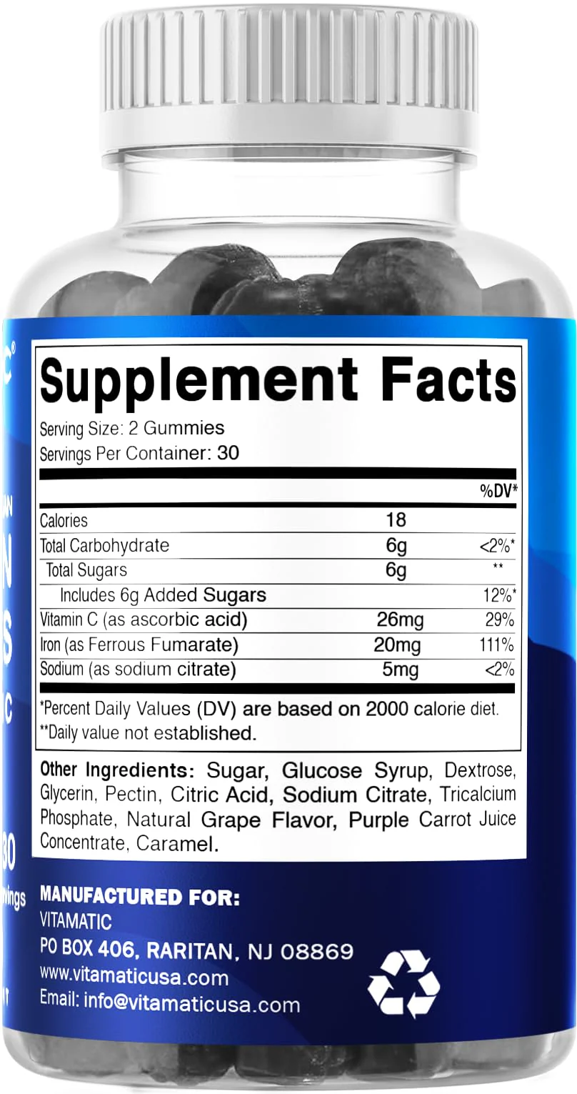 Vitamatic Iron Gummies Supplement for Women & Men - 20mg Serving - 60 Vegan Gummies - Great Tasting Iron Gummy Vitamins with Vitamin C (60 Count (Pack of 2)) - Image 3