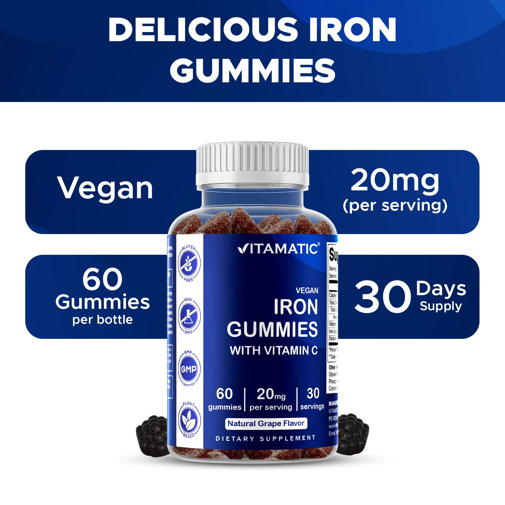 Vitamatic Iron Gummies Supplement for Women & Men - 20mg Serving - 60 Vegan Gummies - Great Tasting Iron Gummy Vitamins with Vitamin C (60 Count (Pack of 2)) - Image 7