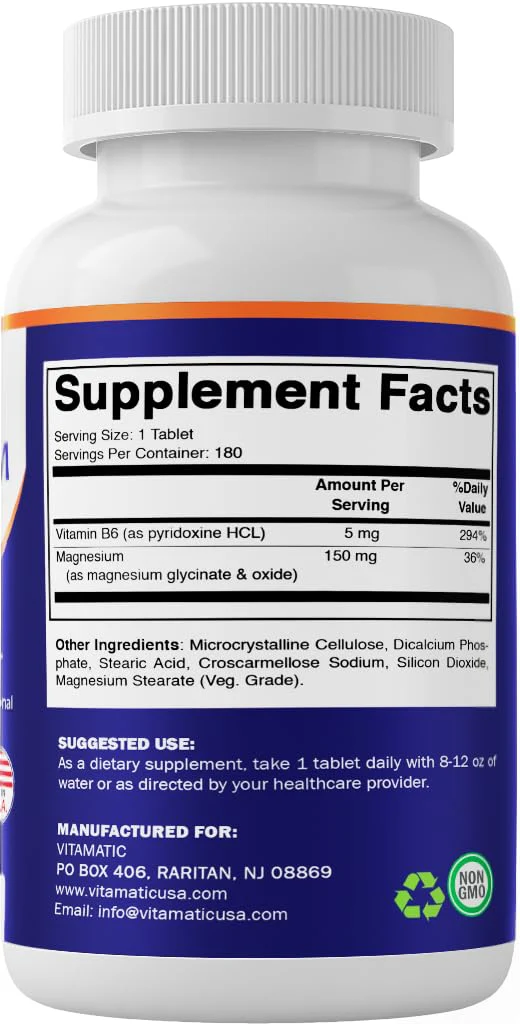 Vitamatic Magnesium with B6-180 Vegetarian Tablets (Uncoated) - Added B6 for Maximum Absorption - Supports Muscle, Joint, and Heart Health - 2 Pack - Image 3