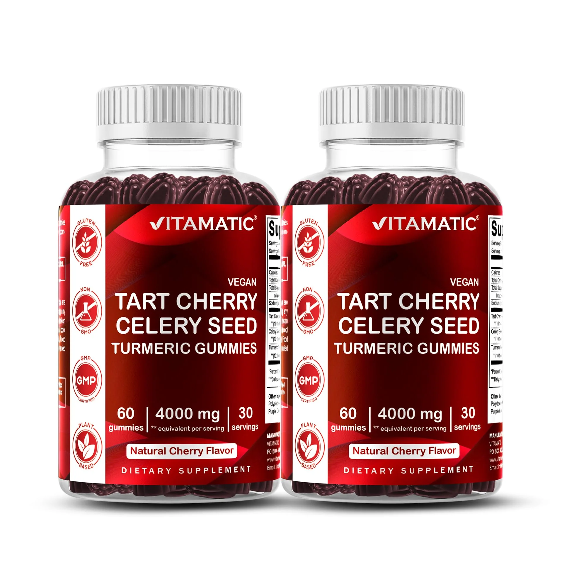 Vitamatic Tart Cherry with Celery Seed Gummies – 4000mg Equivalent Per Serving (from 10:1 Extract, 400mg) - 2-Pack