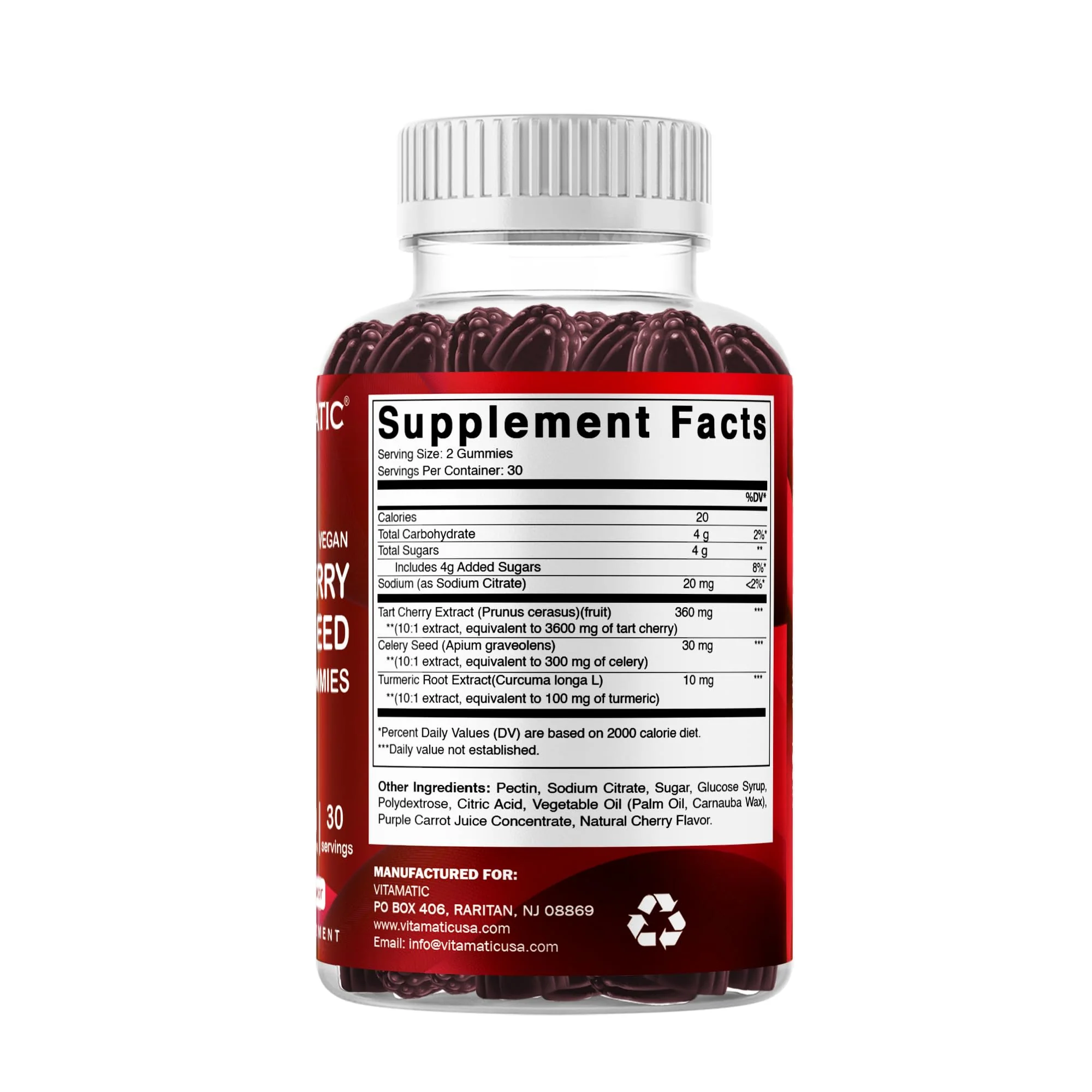 Vitamatic Tart Cherry with Celery Seed Gummies – 4000mg Equivalent Per Serving (from 10:1 Extract, 400mg) - 2-Pack - Image 3