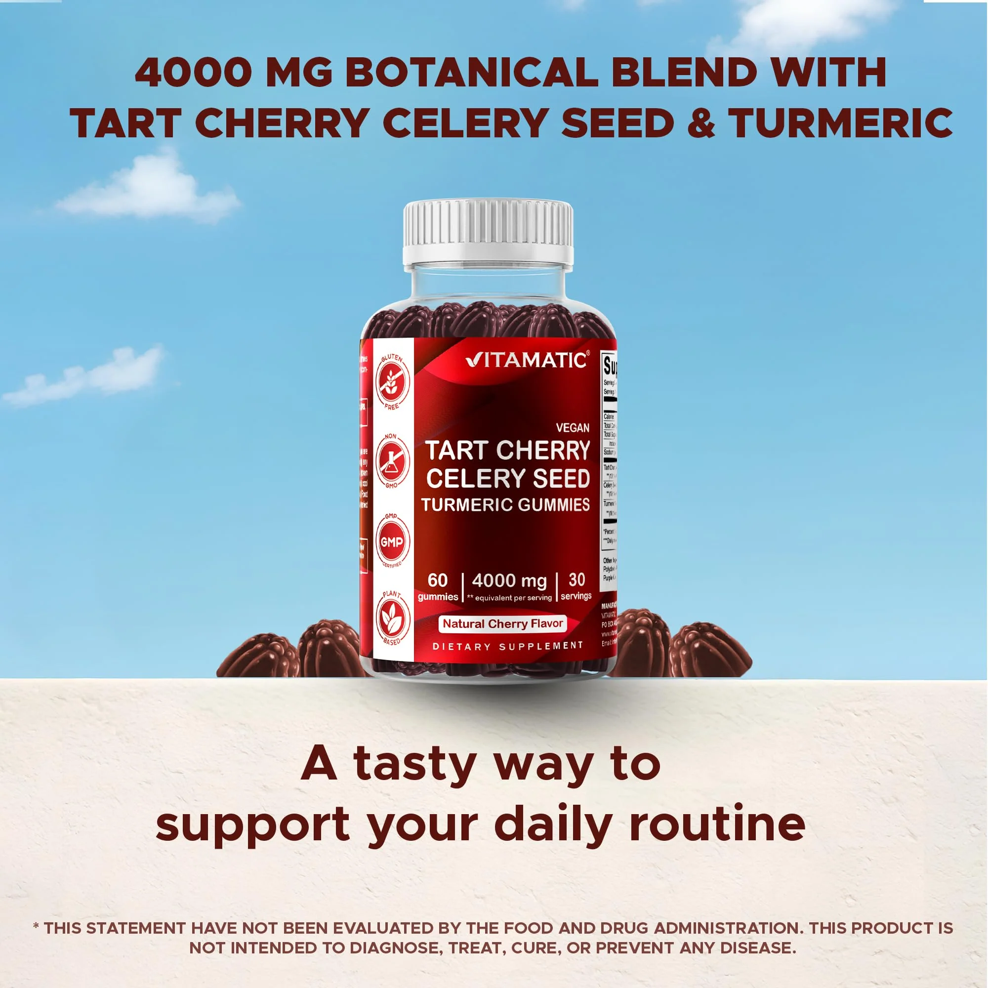 Vitamatic Tart Cherry with Celery Seed Gummies – 4000mg Equivalent Per Serving (from 10:1 Extract, 400mg) - 2-Pack - Image 5