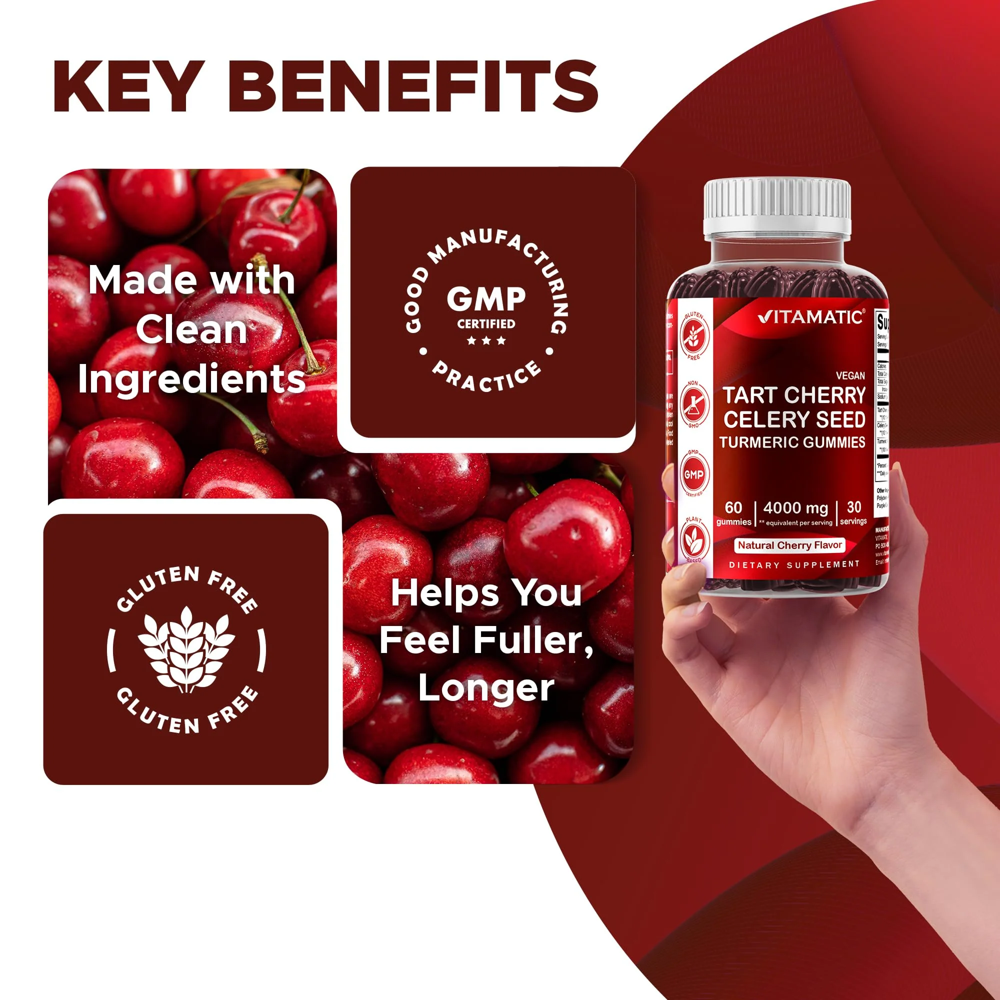 Vitamatic Tart Cherry with Celery Seed Gummies – 4000mg Equivalent Per Serving (from 10:1 Extract, 400mg) - 2-Pack - Image 6
