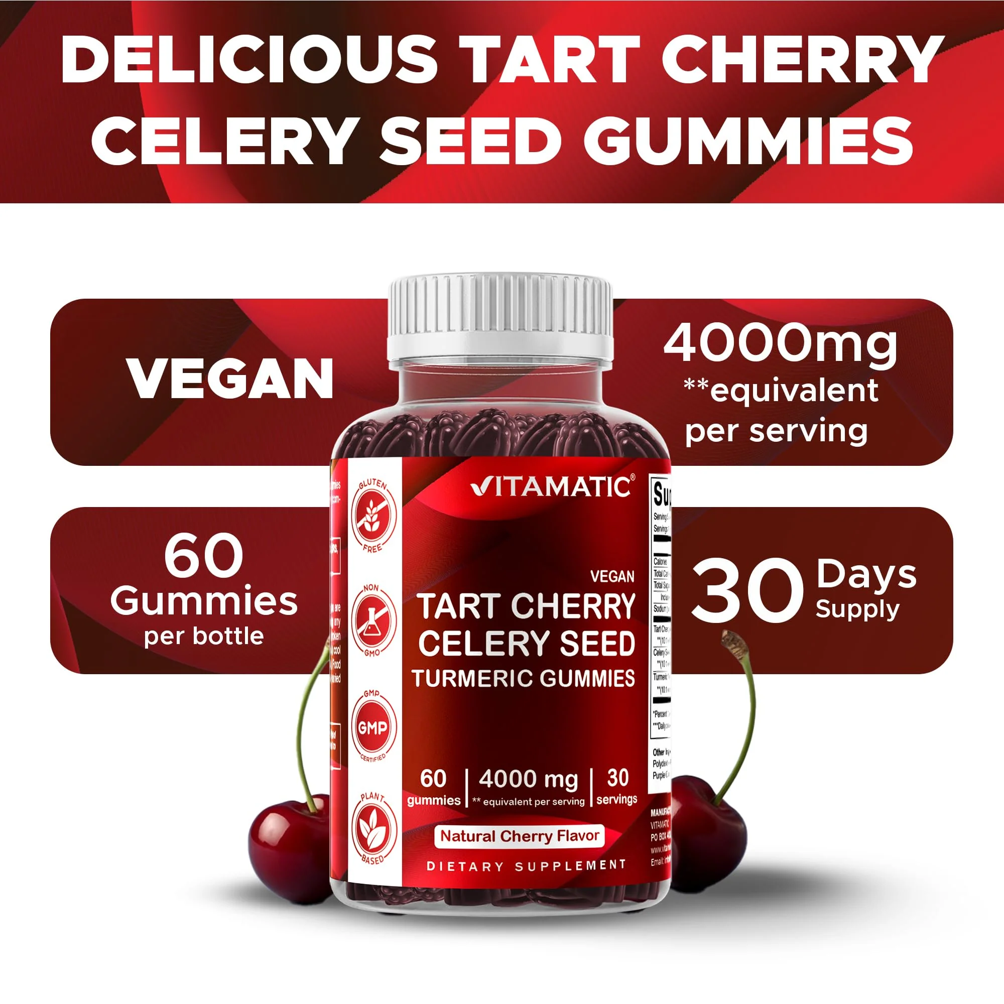 Vitamatic Tart Cherry with Celery Seed Gummies – 4000mg Equivalent Per Serving (from 10:1 Extract, 400mg) - 2-Pack - Image 7