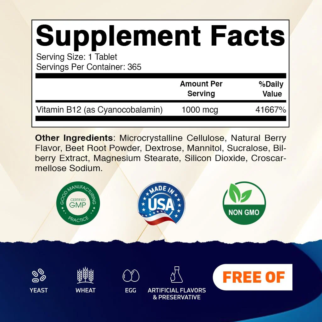 Vitamatic Vitamin B12 1000 mcg Fast Dissolve – 365 Tablets – Natural Berry Flavor – Supports Energy Metabolism & Nervous System Health - Image 2