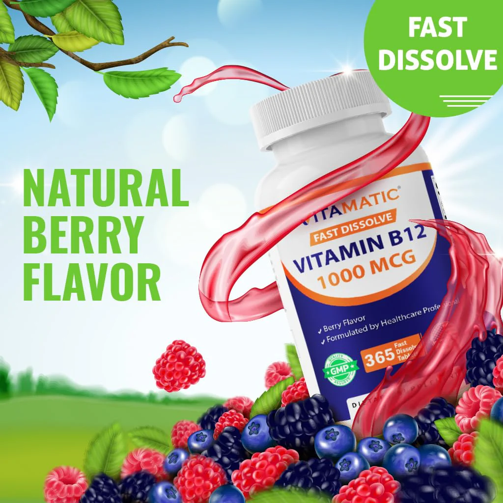 Vitamatic Vitamin B12 1000 mcg Fast Dissolve – 365 Tablets – Natural Berry Flavor – Supports Energy Metabolism & Nervous System Health - Image 6