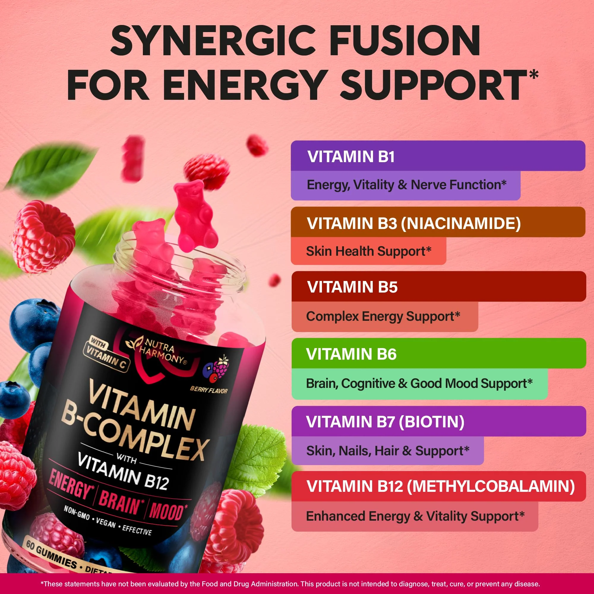 Vitamin B-Complex Gummies for Women & Men - Vitamin B12, B1, B2, B3, B5, B6, B7 & B9 - B Complex with Vitamin C & Choline - Energy, Brain & Mood - Natural Berry Flavor, Vegan - 60 Gummies 2 Pack - Image 3