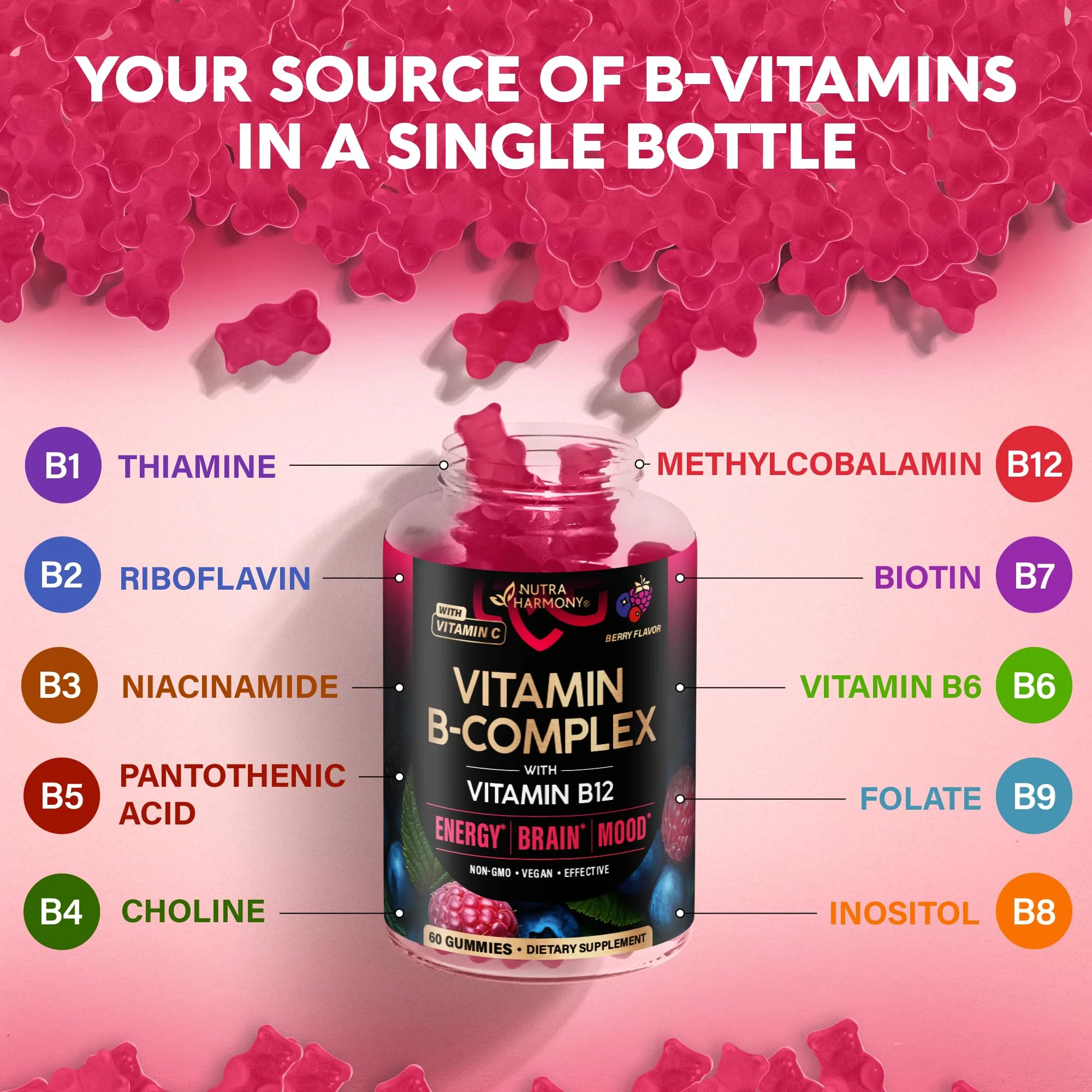 Vitamin B-Complex Gummies for Women & Men - Vitamin B12, B1, B2, B3, B5, B6, B7 & B9 - B Complex with Vitamin C & Choline - Energy, Brain & Mood - Natural Berry Flavor, Vegan - 60 Gummies 2 Pack - Image 4
