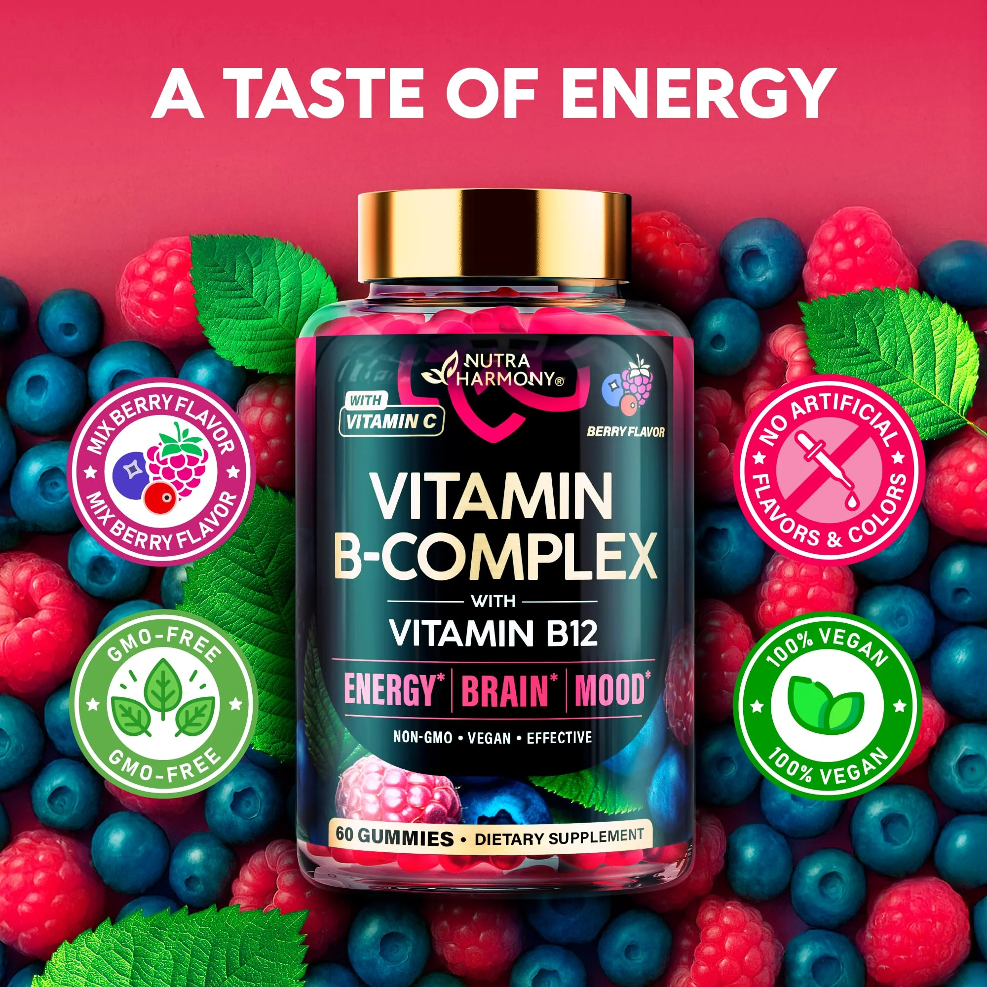 Vitamin B-Complex Gummies for Women & Men - Vitamin B12, B1, B2, B3, B5, B6, B7 & B9 - B Complex with Vitamin C & Choline - Energy, Brain & Mood - Natural Berry Flavor, Vegan - 60 Gummies 2 Pack - Image 5