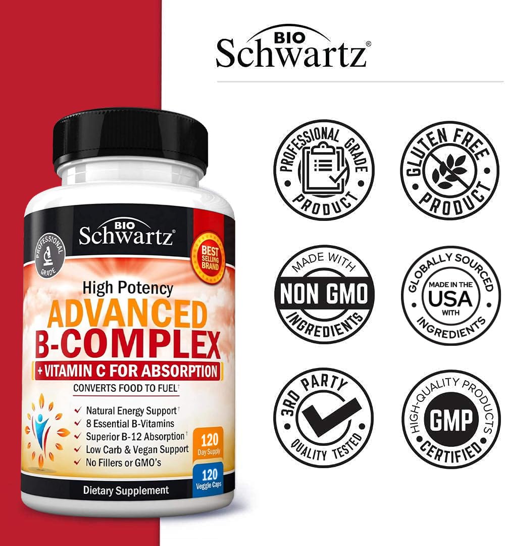 Vitamin B Complex with Vitamin C for Maximum Absorption - Methylcobalamin b12 & Folate Folic Acid Supplement - B1 B2 B3 B5 B6 B7 B9 for Immune Energy & Nervous System Support - Non-GMO, 120 count - Image 2