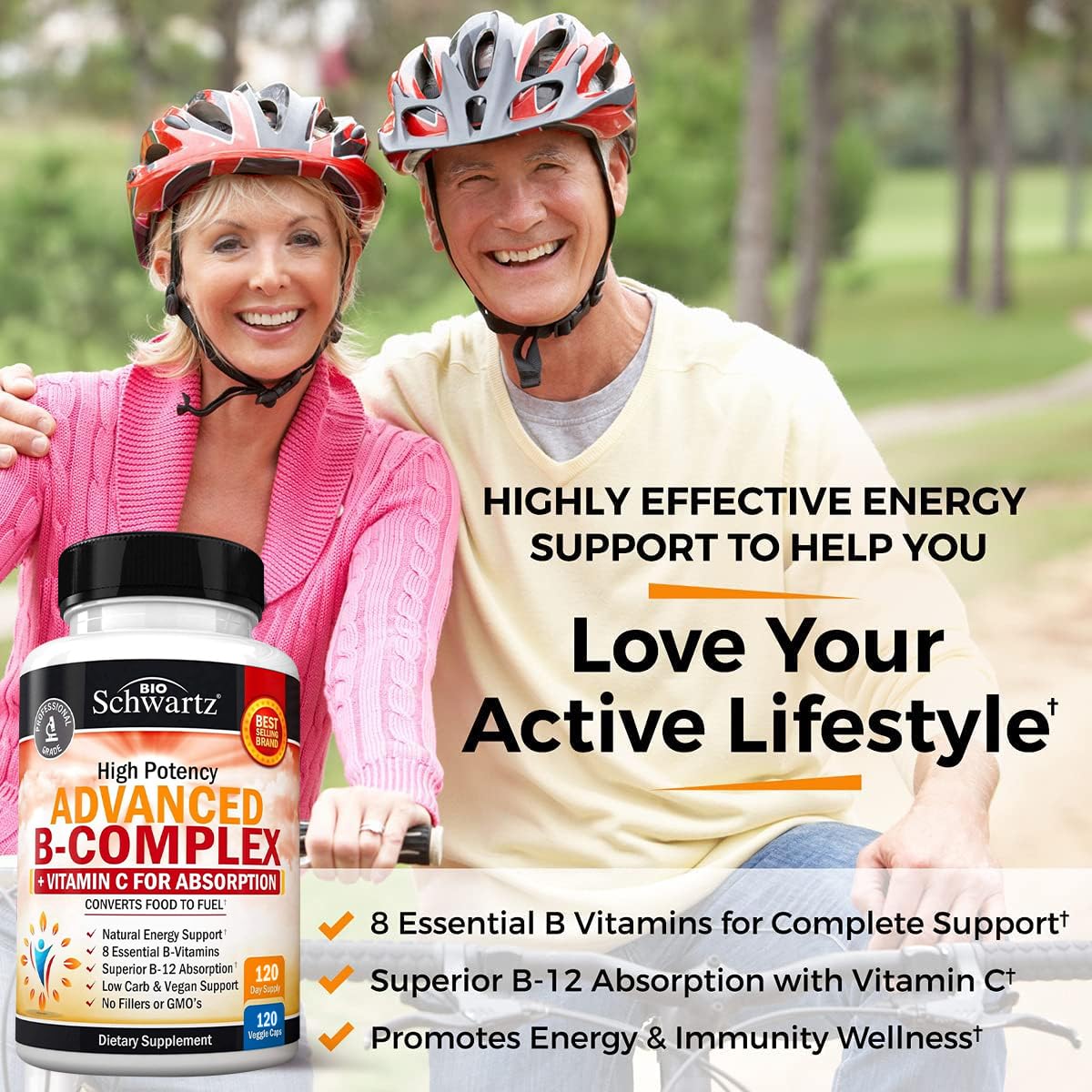 Vitamin B Complex with Vitamin C for Maximum Absorption - Methylcobalamin b12 & Folate Folic Acid Supplement - B1 B2 B3 B5 B6 B7 B9 for Immune Energy & Nervous System Support - Non-GMO, 120 count - Image 5